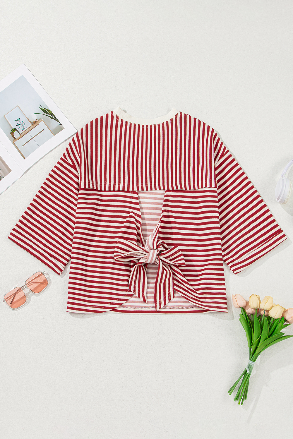 Red Stripe Bowknot Cutout Back Drop Shoulder Wide Bracelet Sleeve Loose Tee