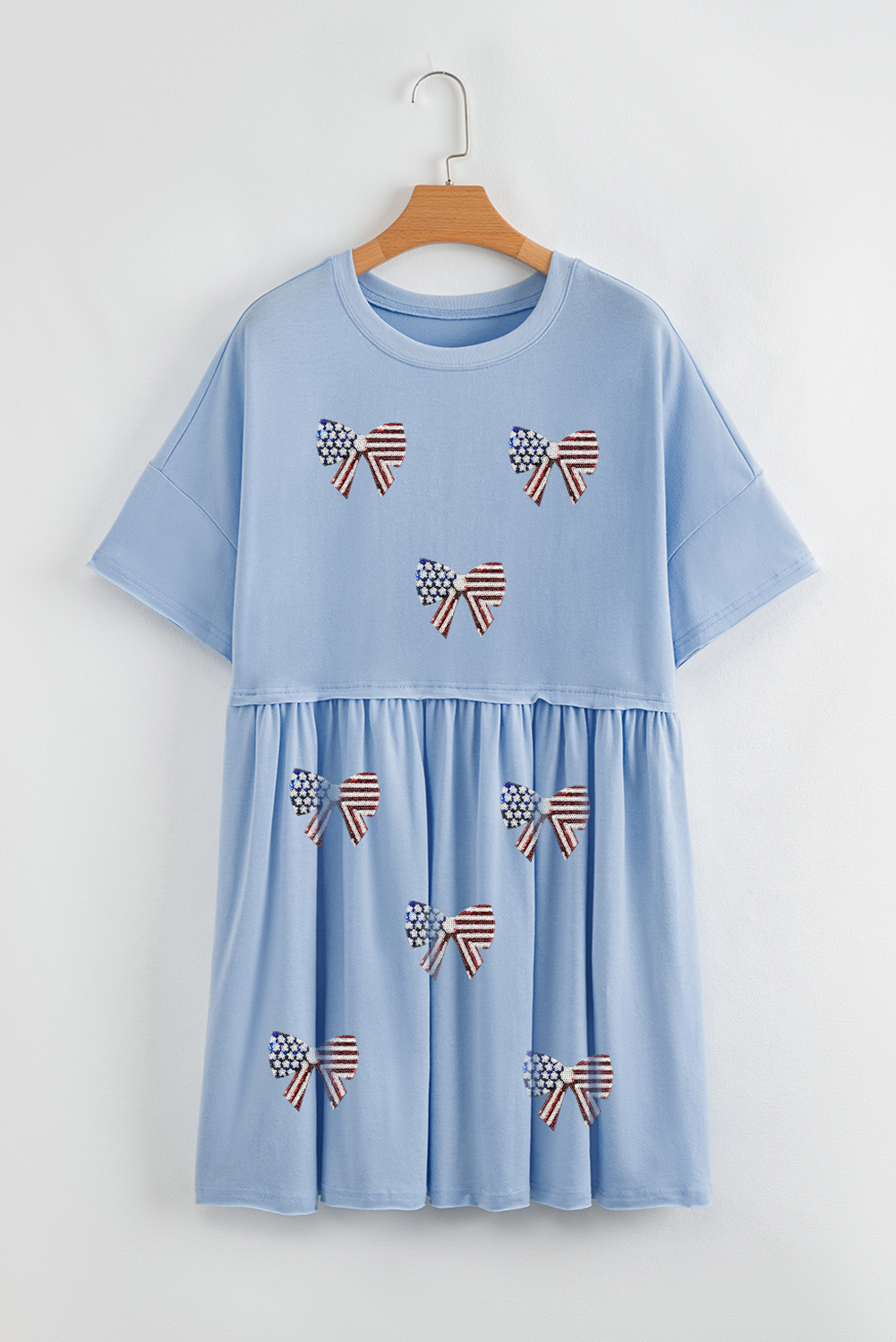 Sky Blue Star and Stripes Sequin Bow Patched T Shirt Babydoll Dress