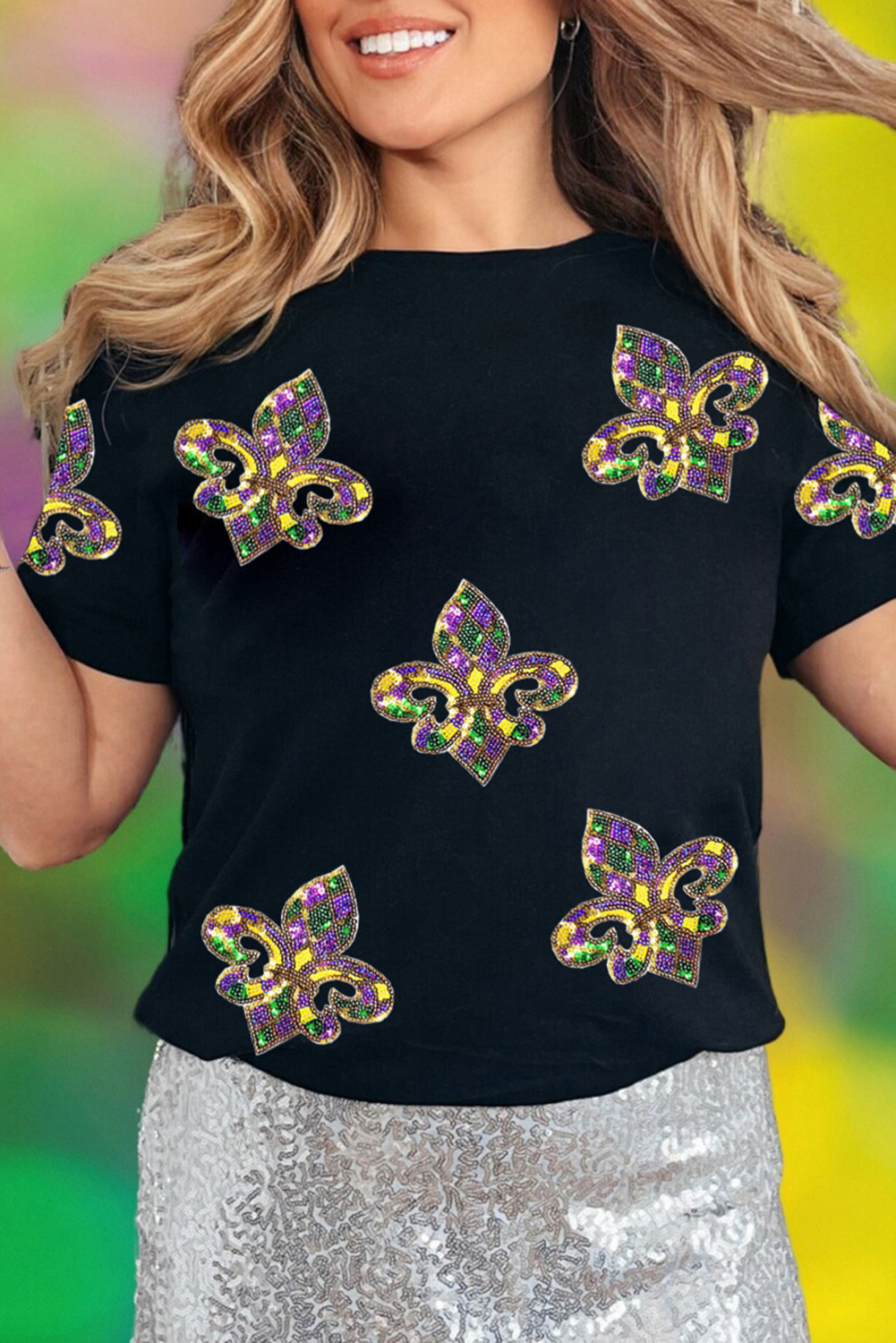 White Maid Gras Sequin Fleur de Lis Graphic T Shirt