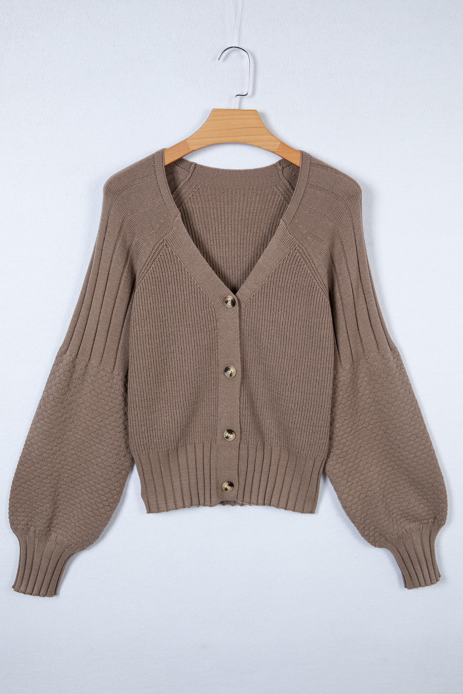 Light Pink Mixed Texture Knit Button V Neck Sweater Cardigan