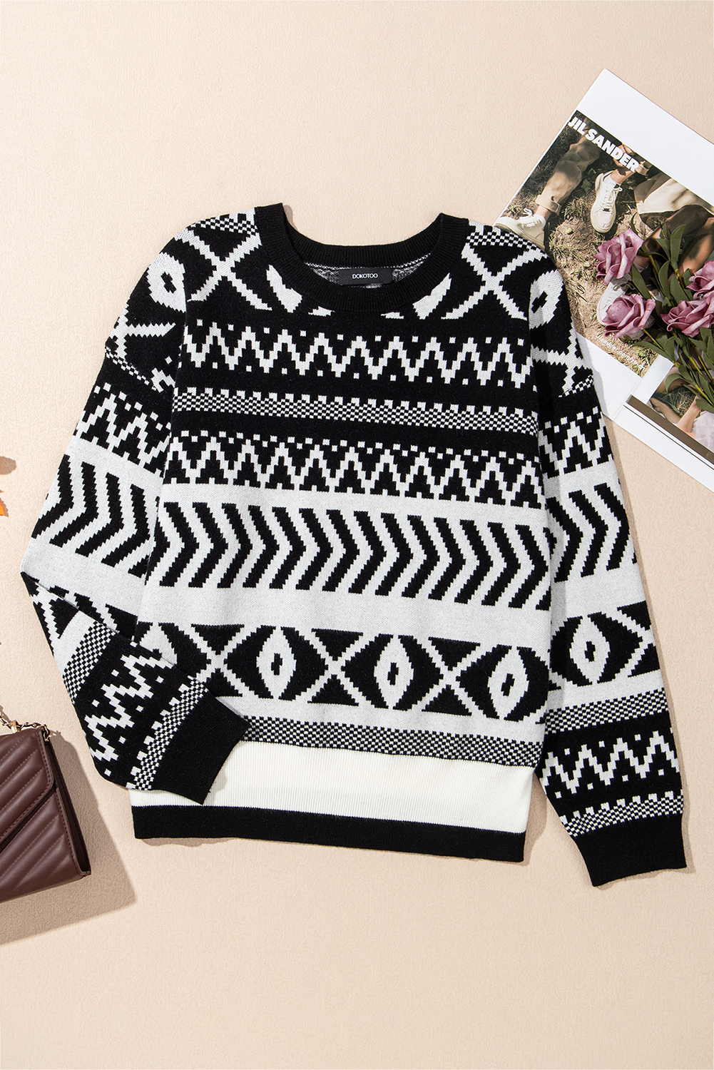 Brown Abstract Print Pullover Sweater