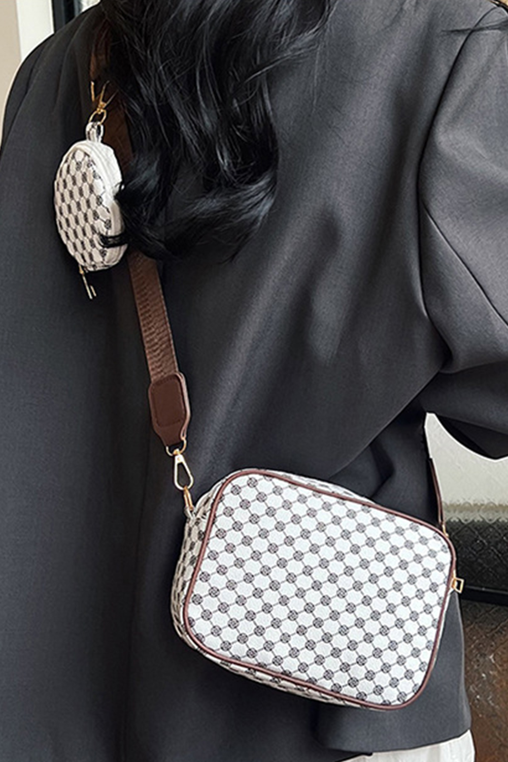 Coffee Checkered Print PU Leather Shoulder Bag with Coin Wallet