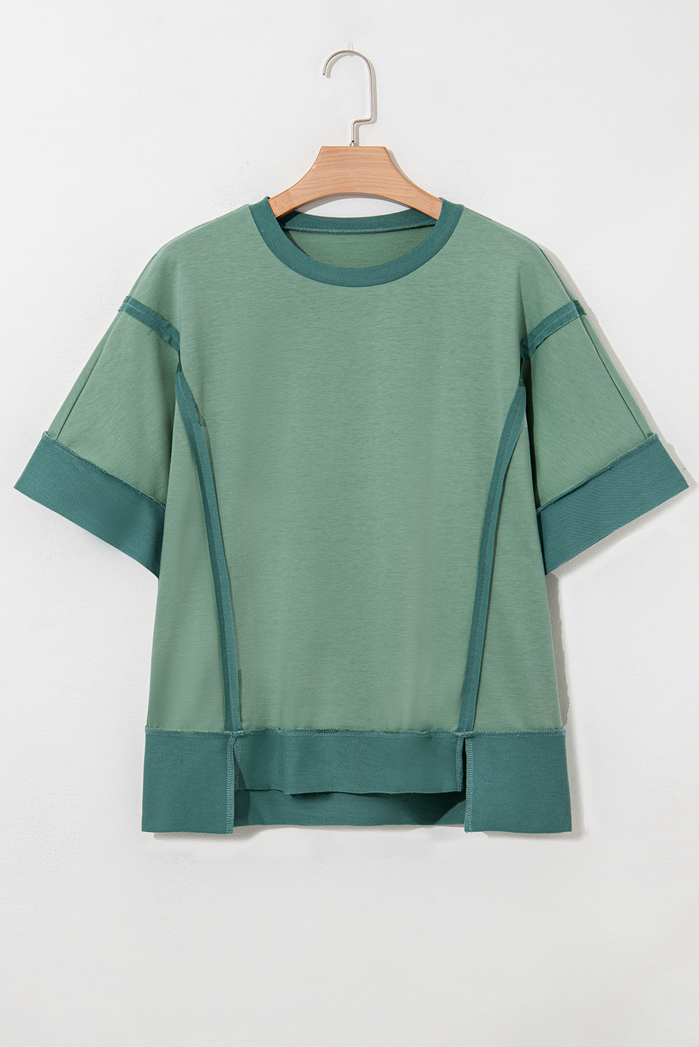 Smoke Green Half Sleeve Raw Seam High Low Side Split Top