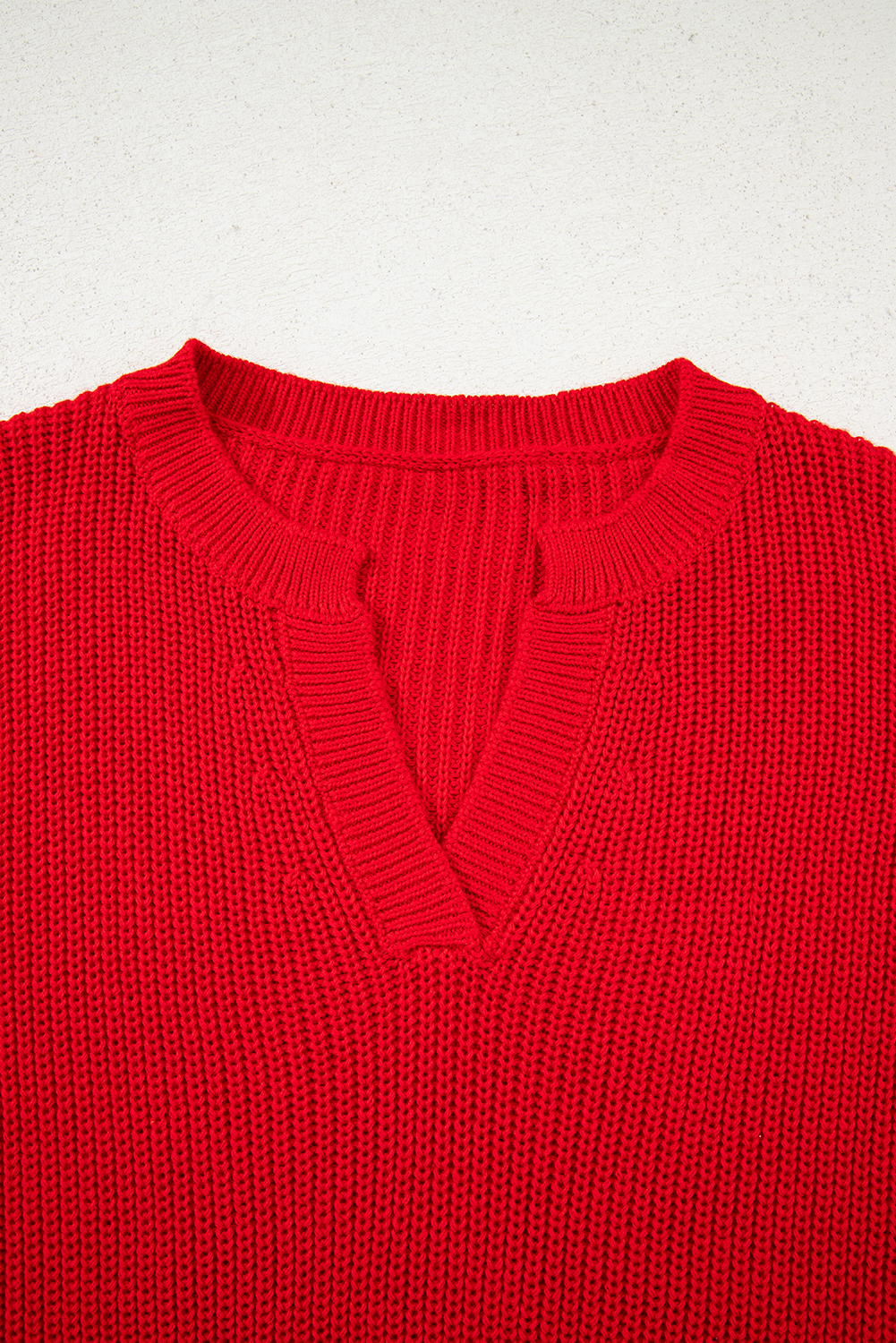Racing Red Solid Textured Knit V Neck Drop Shoulder Sweater