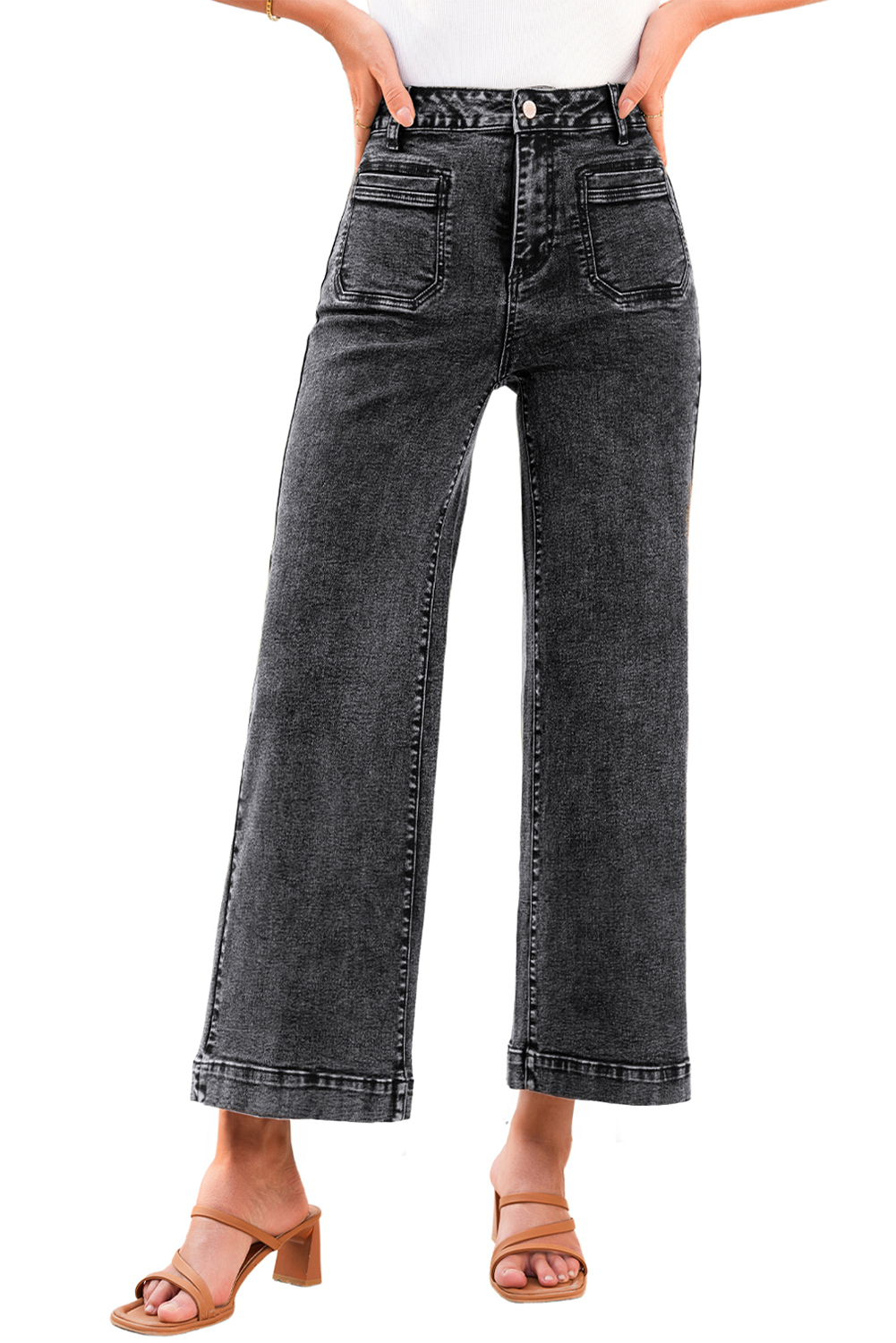 Light Blue Chic Patch Pocket Straight Leg Loose Jeans