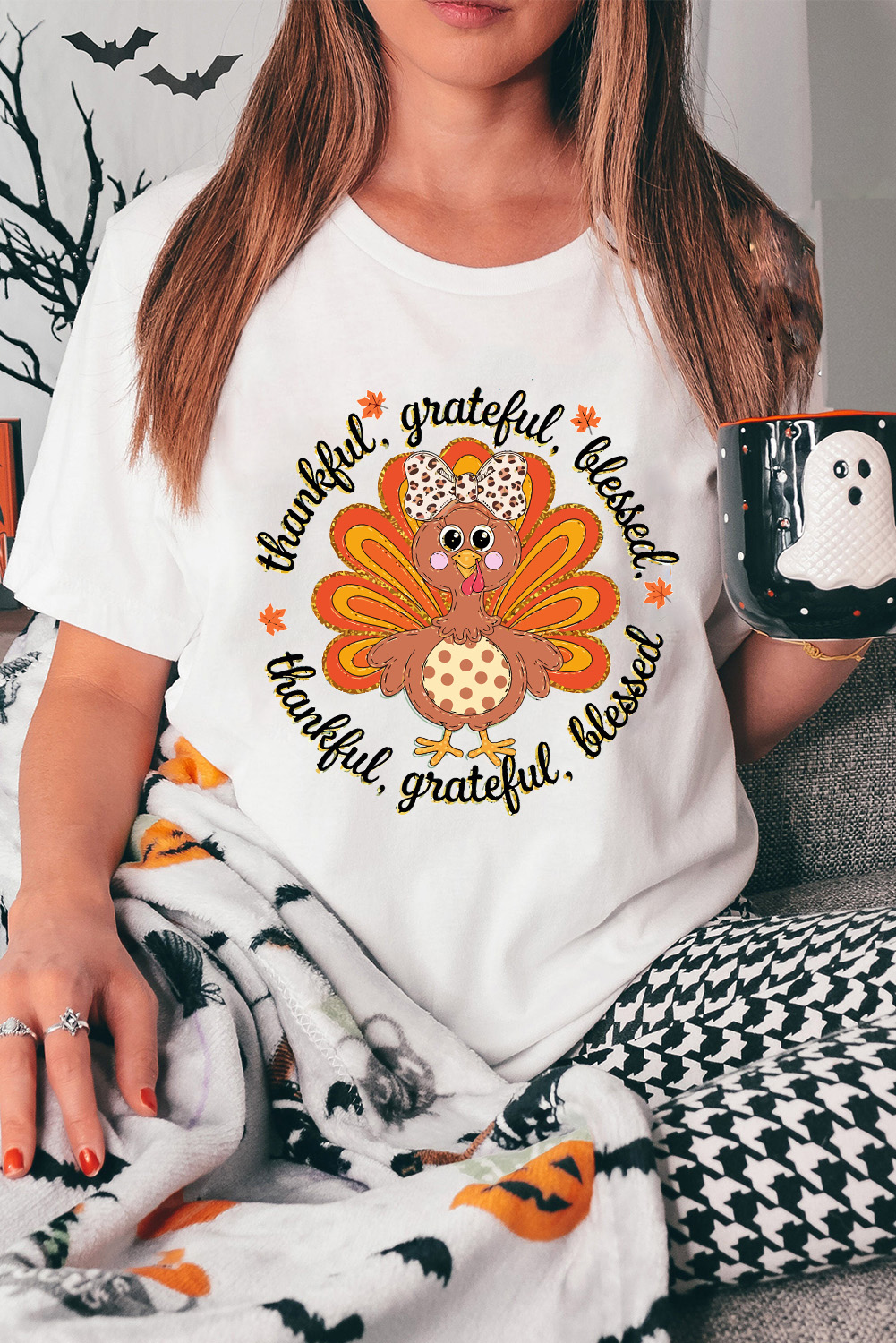 White Thanksgiving Cute Turkey Print Cotton Blend T Shirt