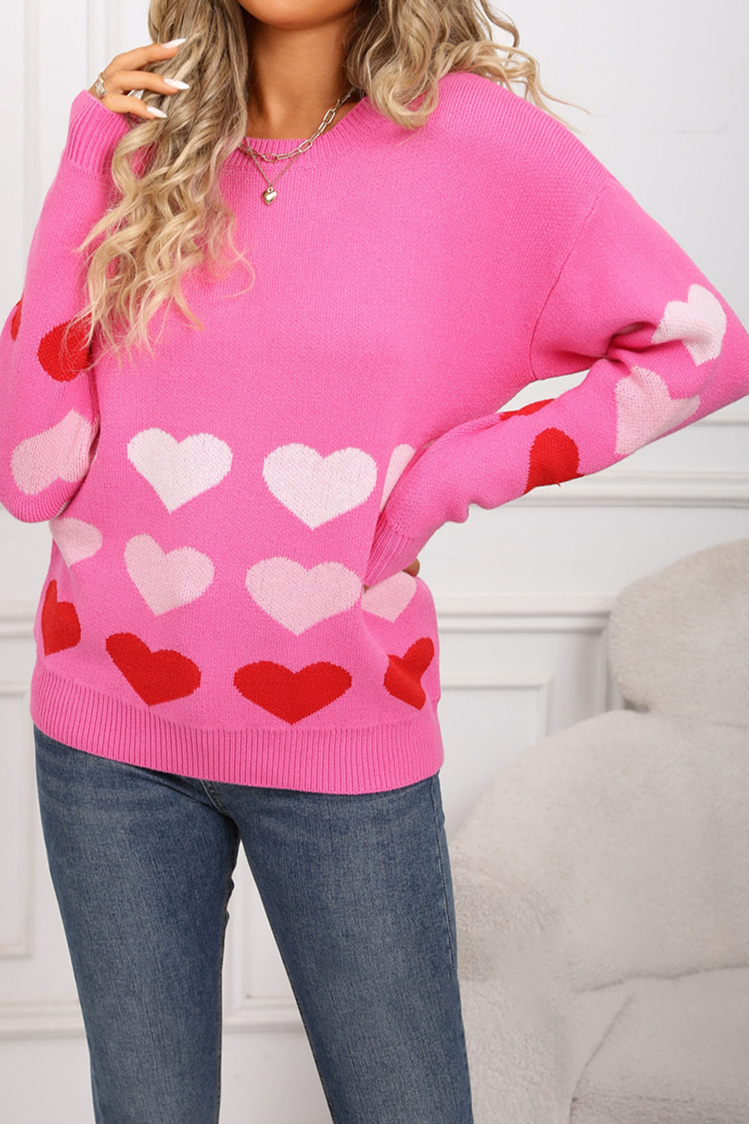Rose Red Drop Shoulder Romantic Heart Pattern Sweater
