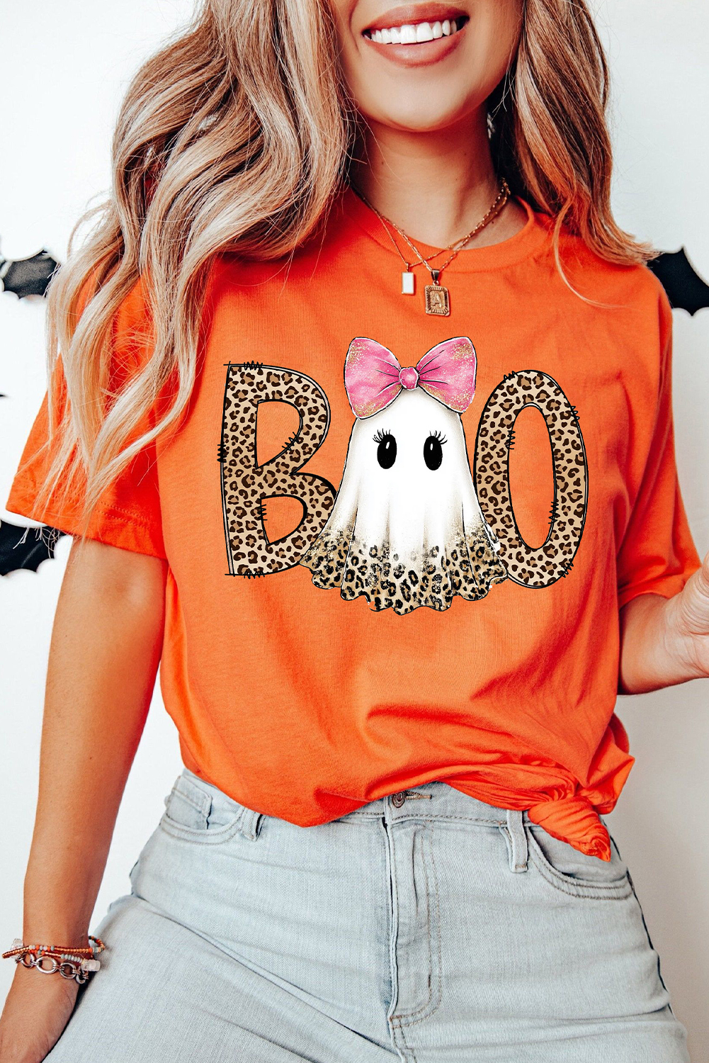 Orange BOO Leopard Letter Print Halloween Ghost T Shirt