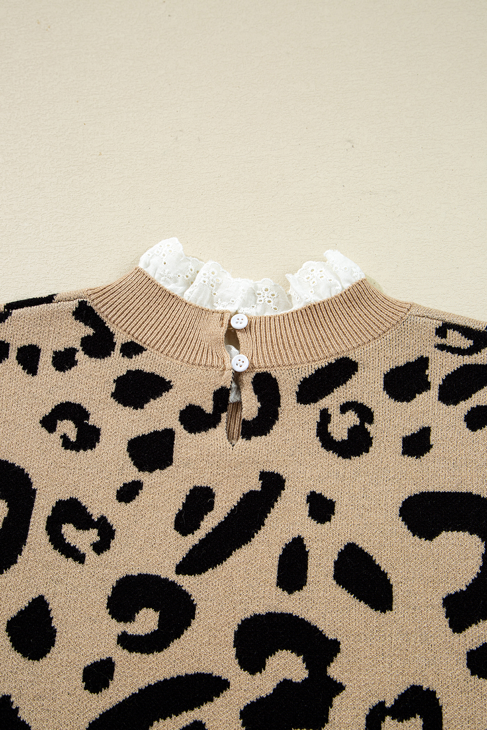 Dearlovers Brown Leopard Pattern Lace Ribbed Detail Button Cuffed Sweater