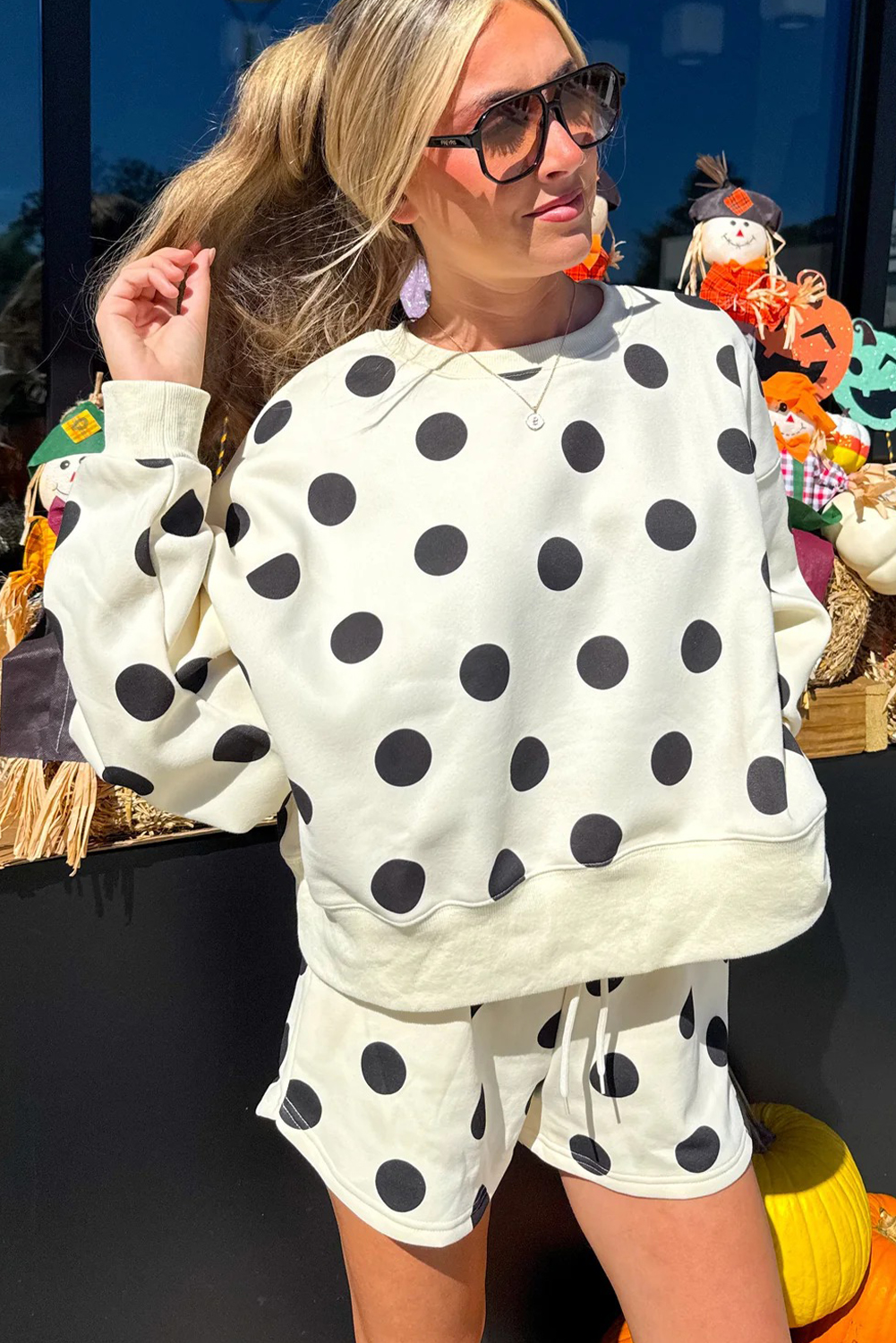 Beige Polka Dot Print Drop Shoulder Pullover Drawstring Jogger Pant Set