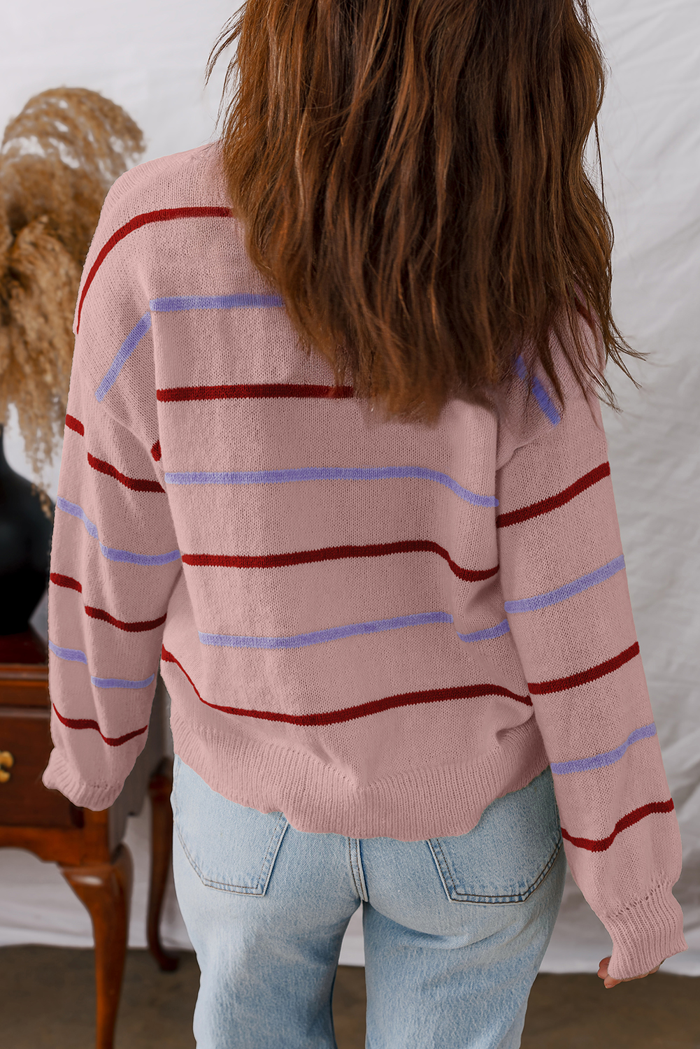 Multicolour Striped Buttoned Front V Neck Drop Shoulder Cardigan Sweater