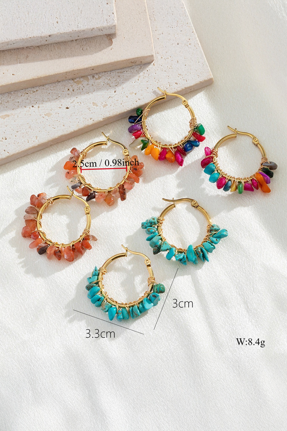 Turquoise Irregular Stone Beading Golden Plated Hoop Earrings