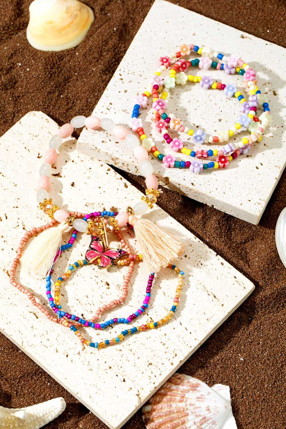 Peach Blossom 7pcs Handmade Beaded Bohemian Style Butterfly Tassel Bracelet Set