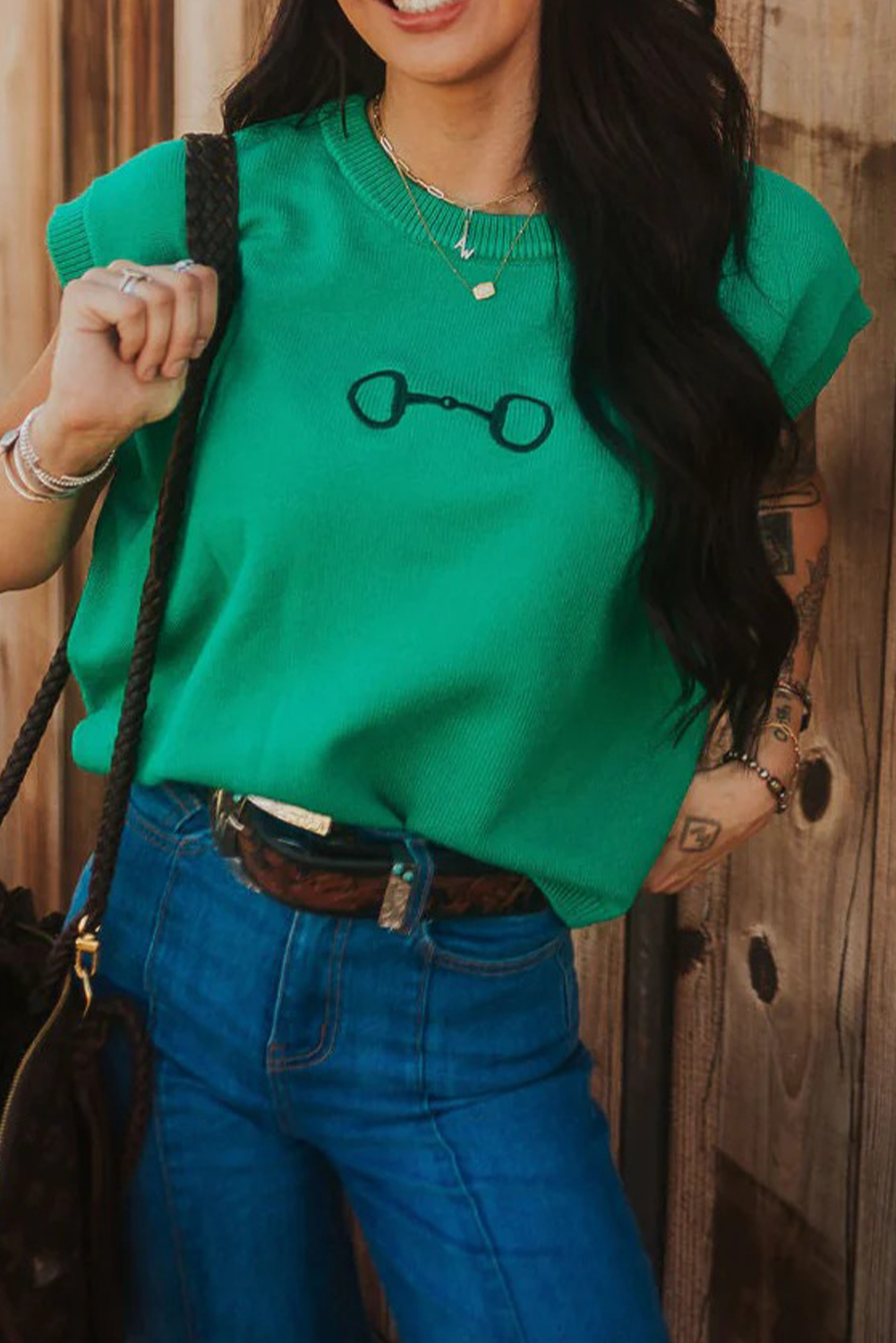 Bright Green Horse Bit Embroidered Loose Short Sleeve Sweater