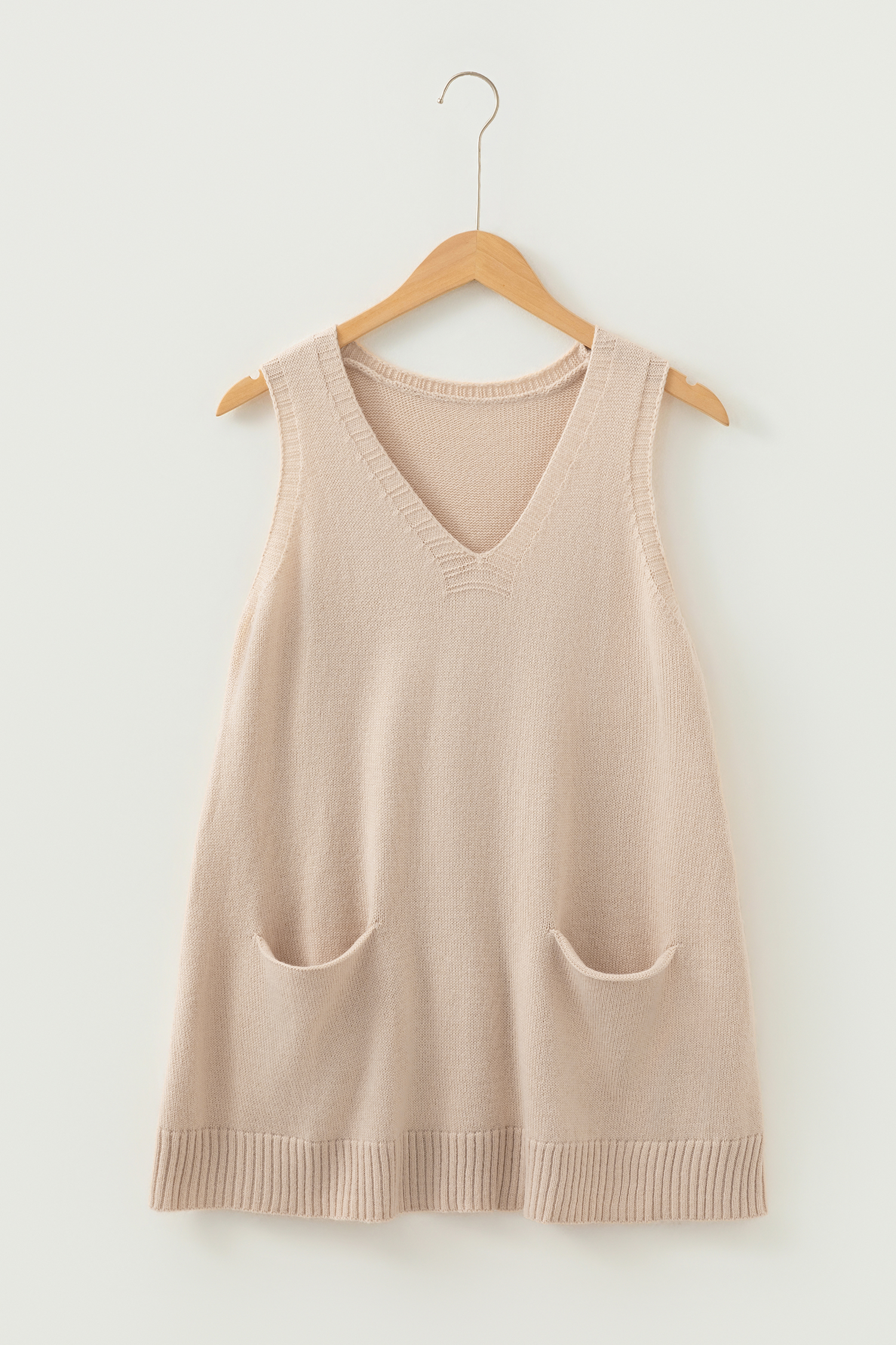 Dark Brown Ribbed Deep V Neckline Front Pocketed Loose Tunic Sweater Vest