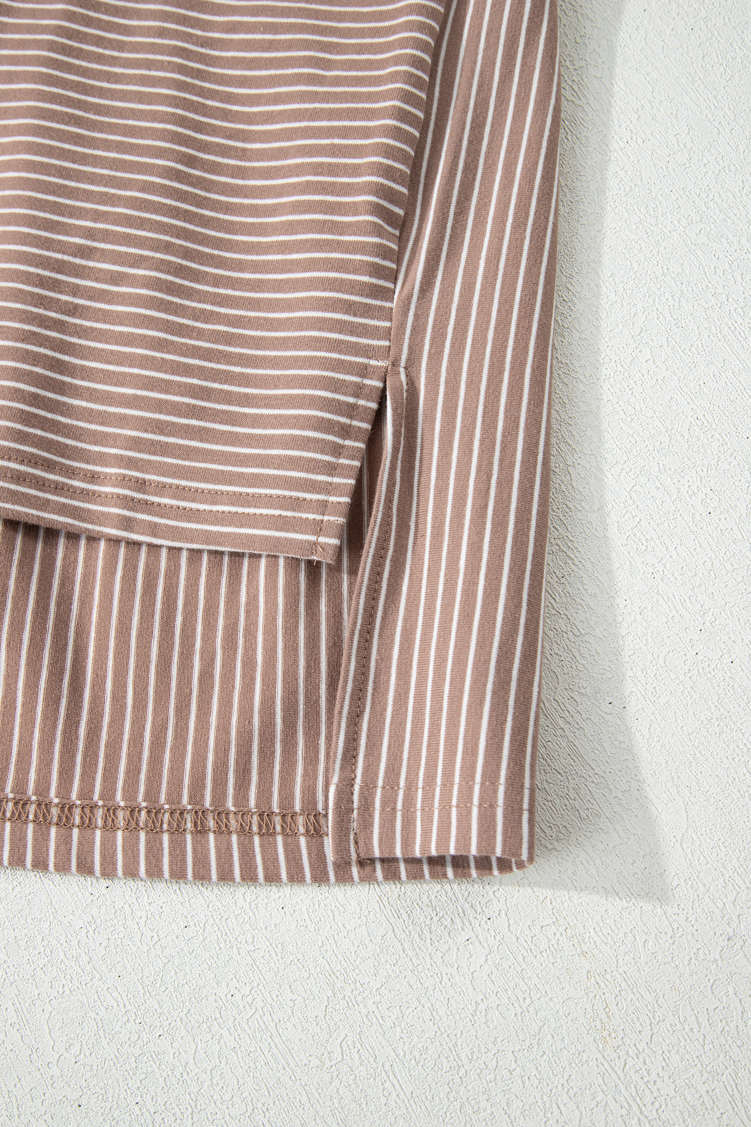 Khaki Stripe Buttoned V Neck High Low Side Slit T Shirt