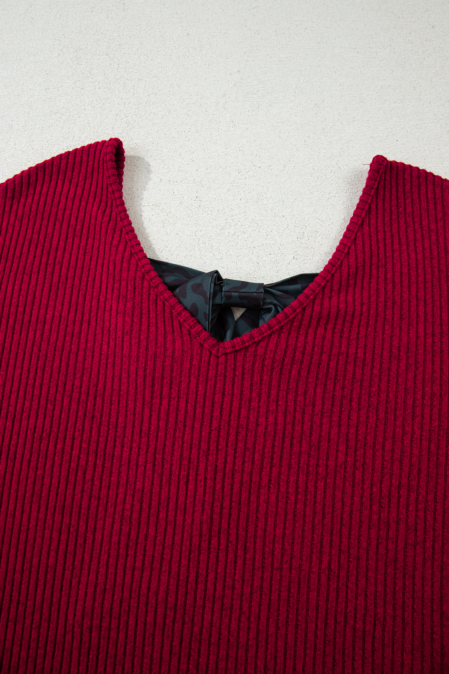 Racing Red Ribbed V Neck Contrast Ribbon Bow Back Drop Shoulder Long Sleeve Top