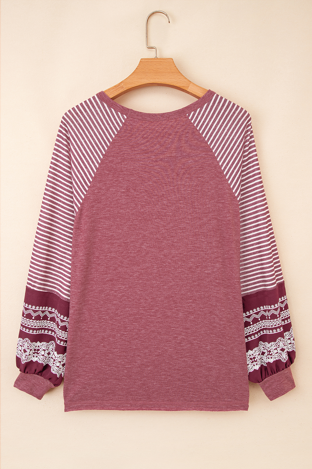 Tillandsia Purple Contrast Print Striped Raglan Long Sleeve Loose Top