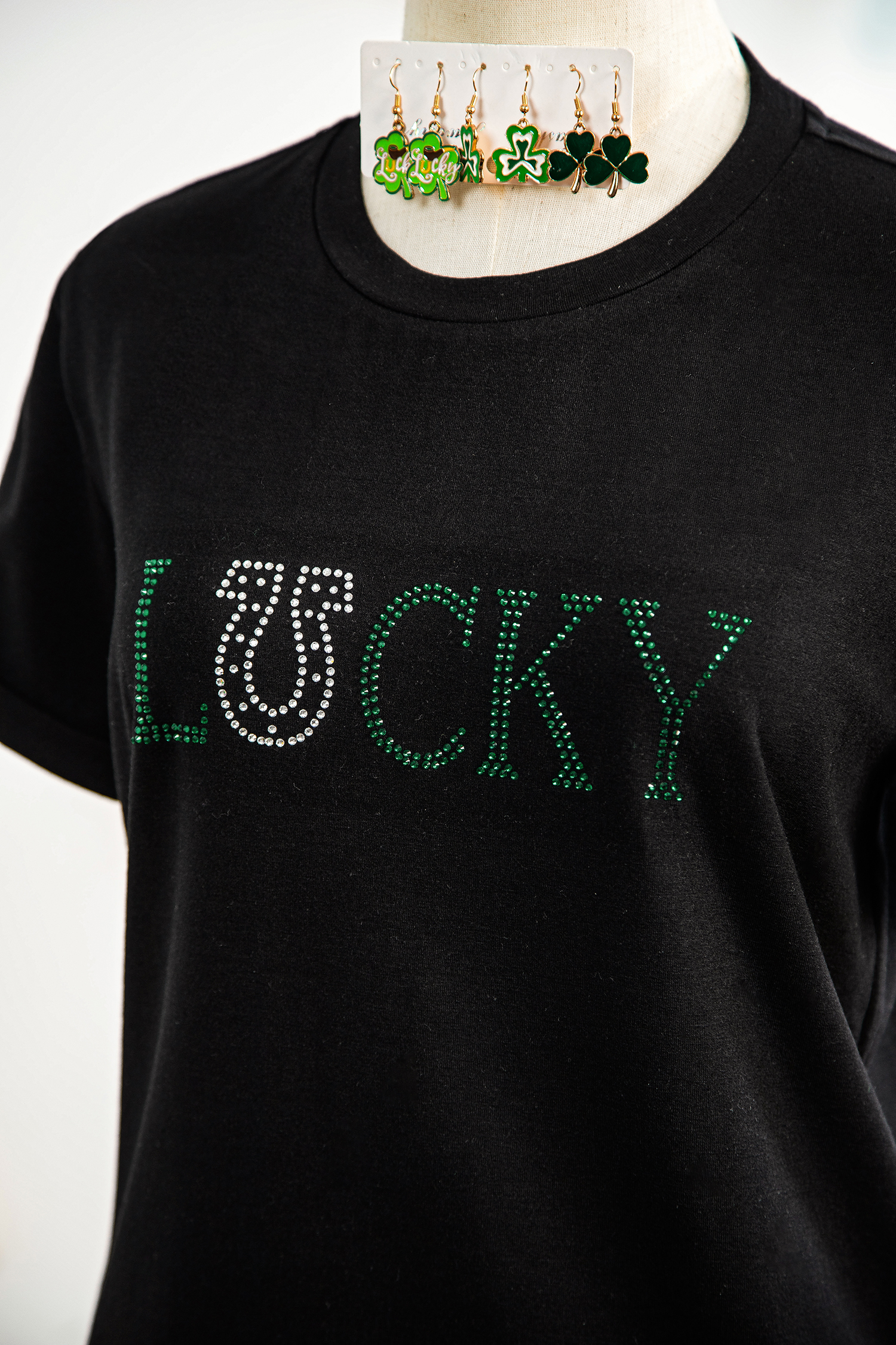 Black LUCKY Rhinestone Graphic Rolled Sleeve Tee