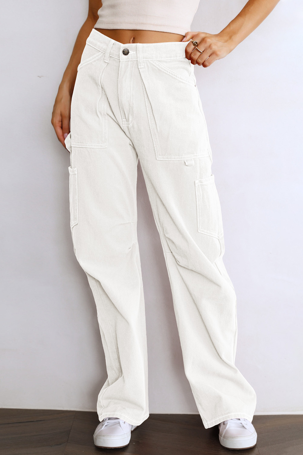 White High Waist Straight Leg Cargo Pants with Pockets