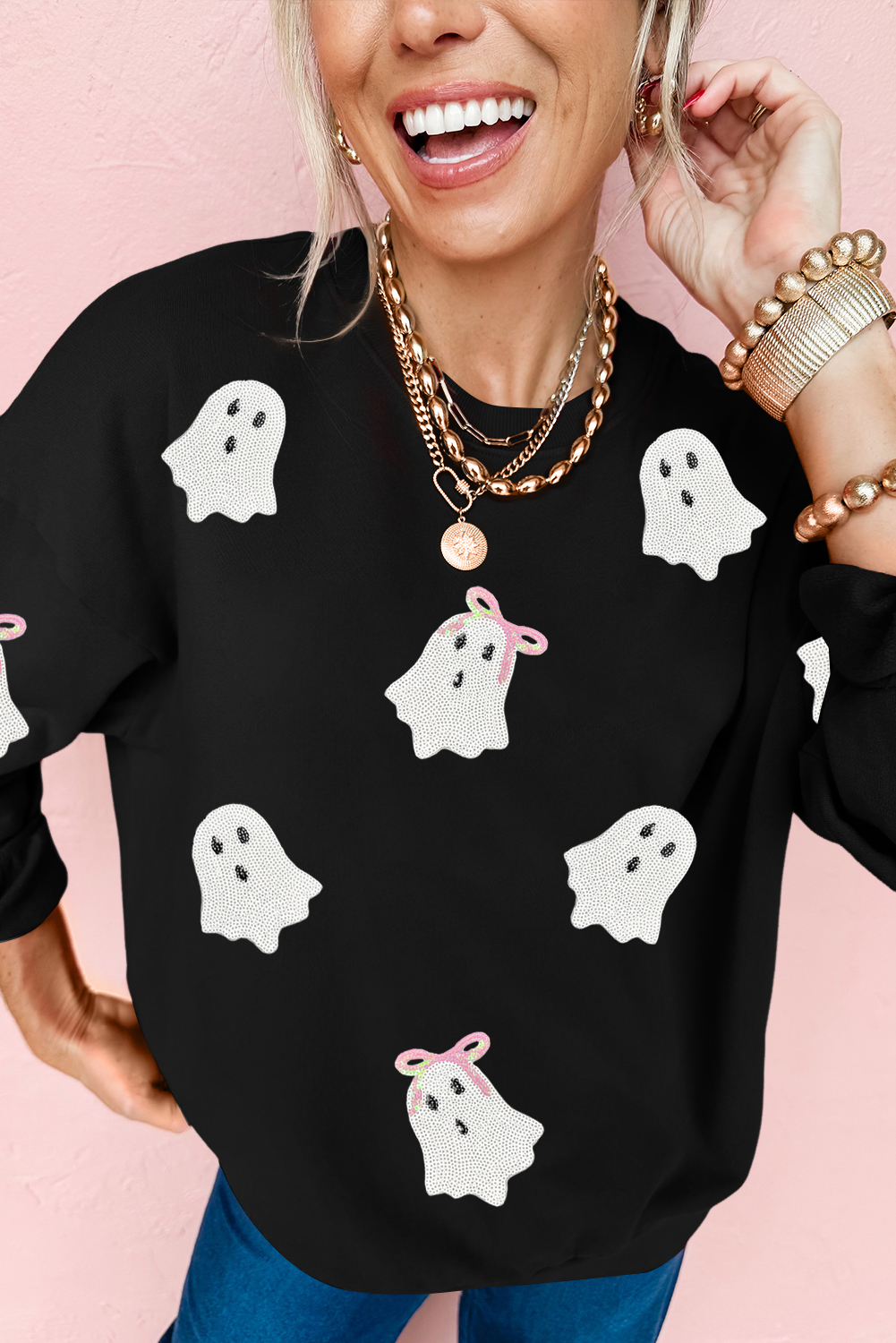 Wisteria Glitter Trim Chenille Ghost Patched Halloween Graphic Tee