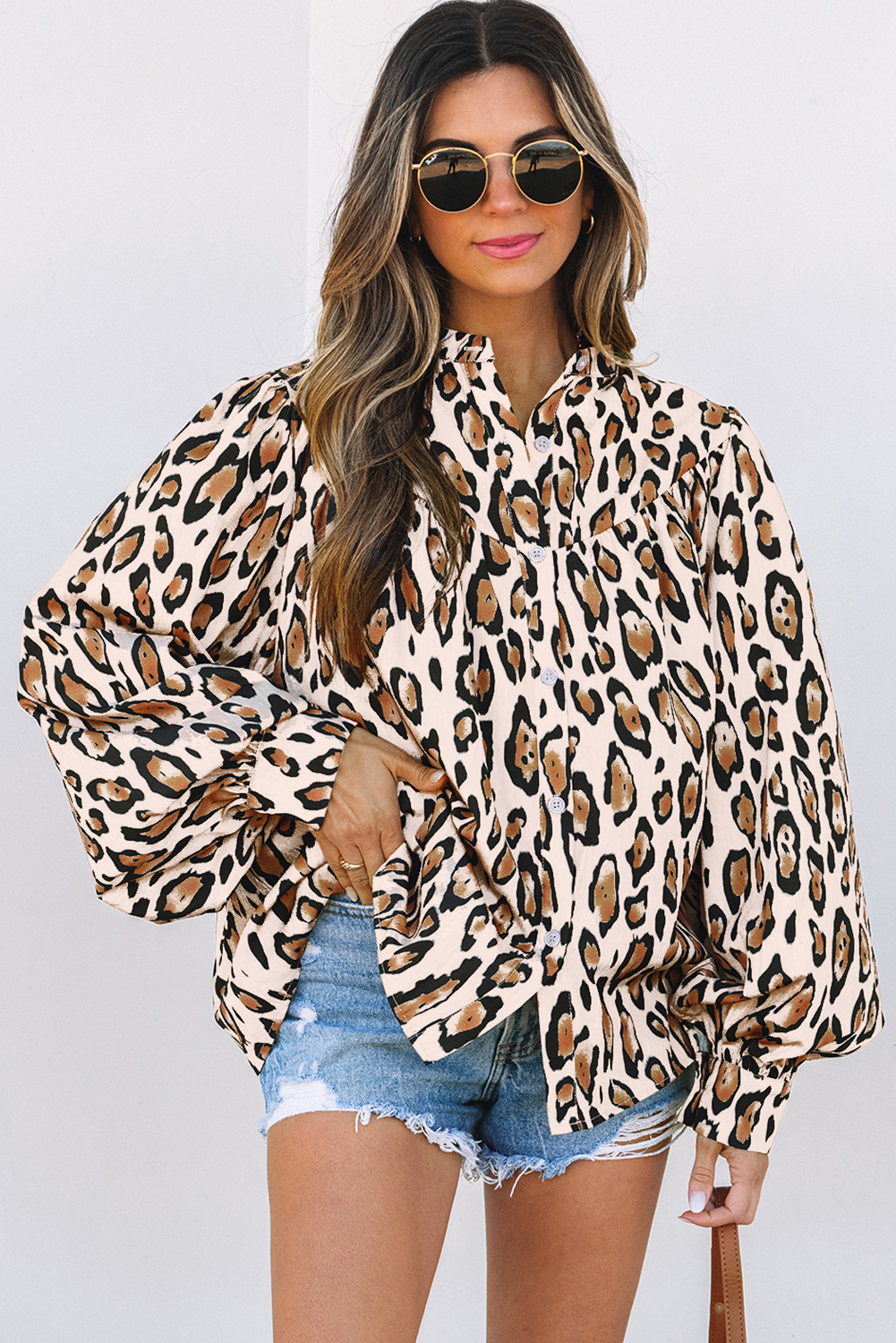 Oversized Leopard Print Balloon Sleeve Casual Shirt