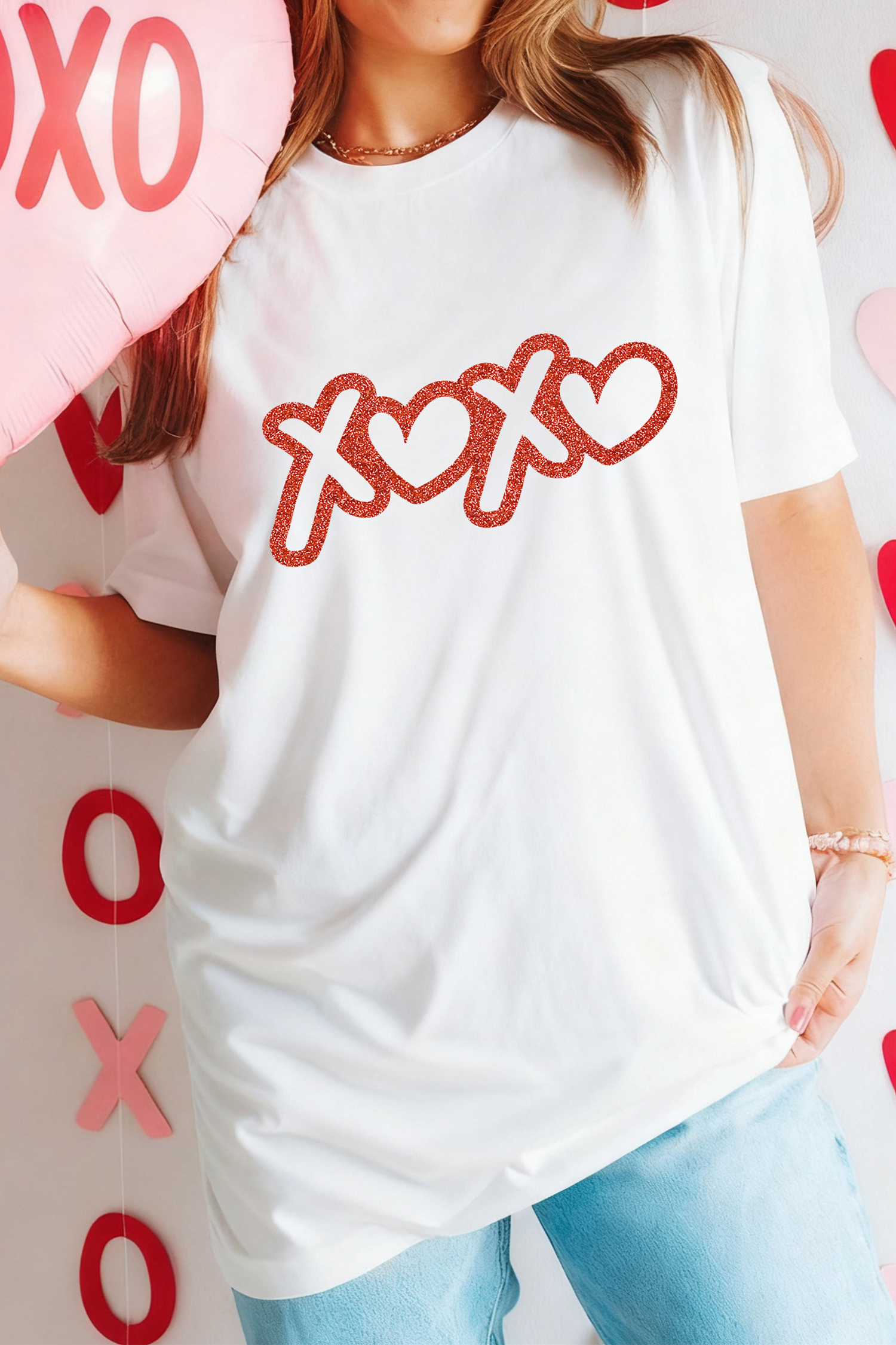 White XOXO Foil Glitter Print Valentines Day T Shirt
