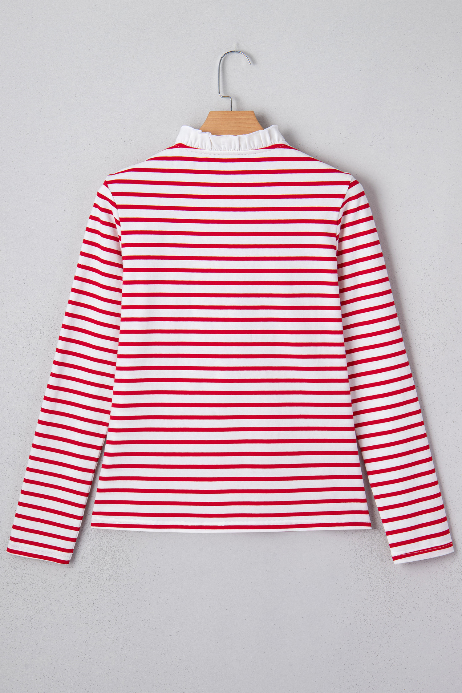 Red Stripe Contrast Frilled Trim Half Button Long Sleeve Top