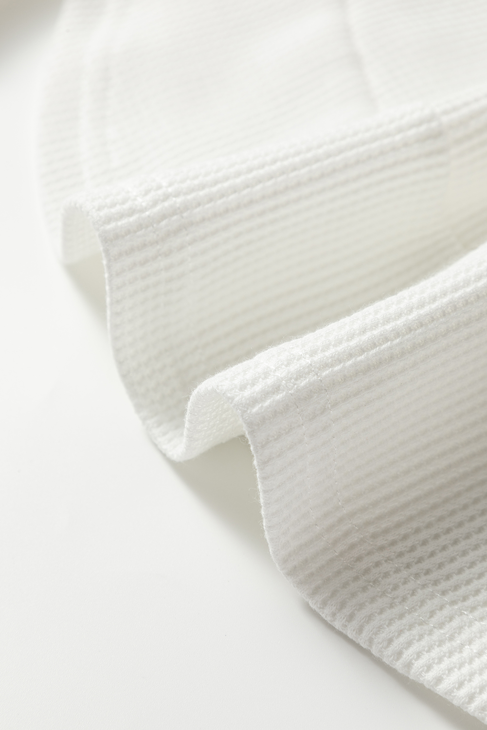 White Rounded Hem Waffle Long Sleeve Top