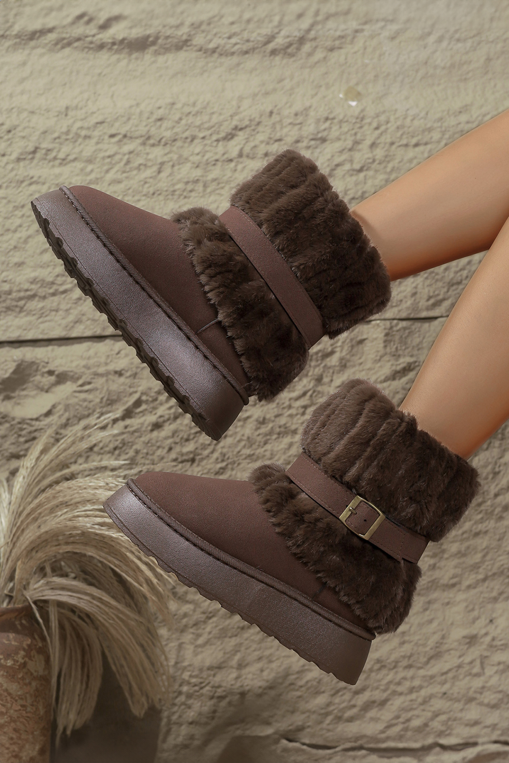 Dark Brown Versatile Fuzzy Cuff Faux Suede PU Leather Slip On Lug Sole Ankle Booties