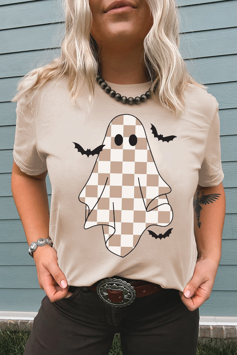 Khaki Ghost Bat Halloween Holiday Graphic Tee