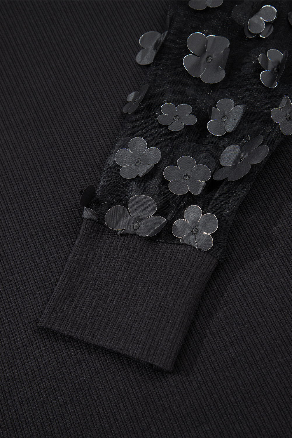 Black Flower Applique Mesh Long Sleeve V Neck Blouse