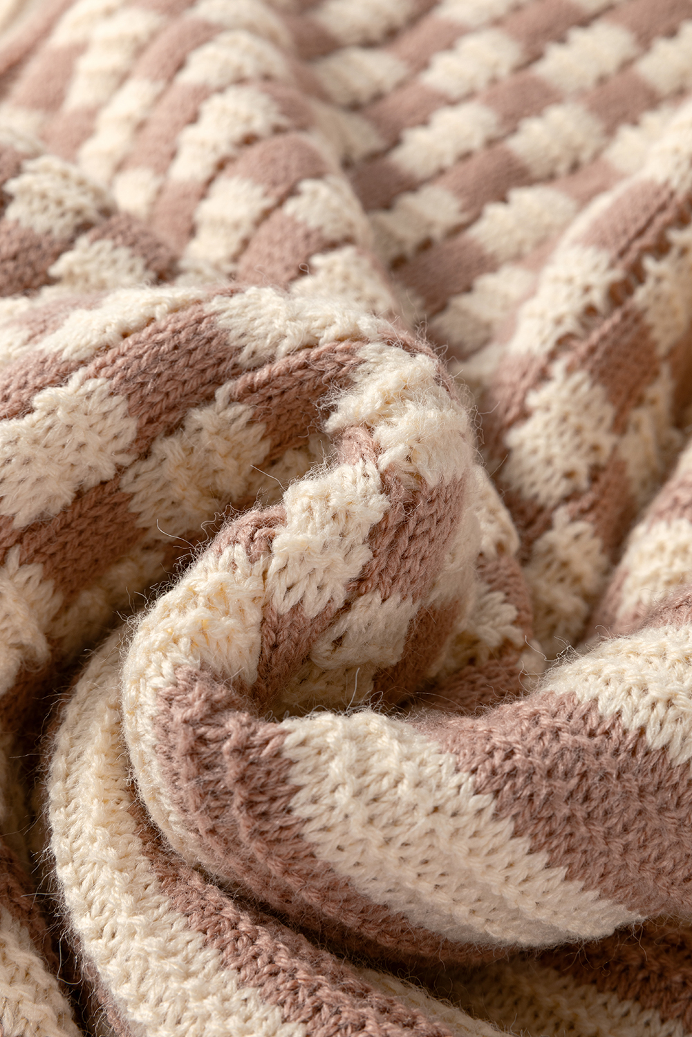 Khaki Stripe Checkerboard Drop Shoulder Balloon Sleeve Sweater