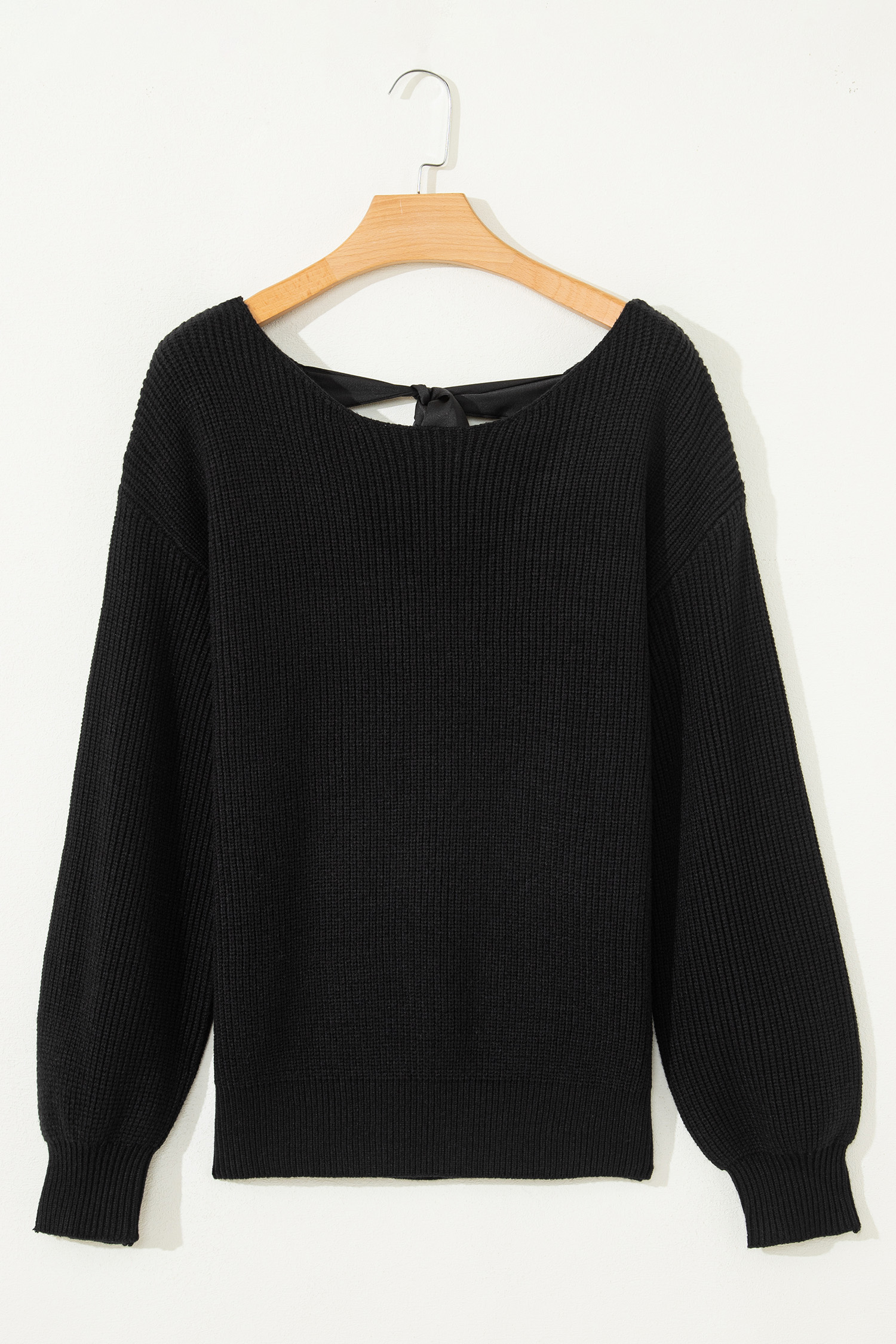 Black Ribbed Knit Ribbon Knot Backless Drop Shoulder Sweater