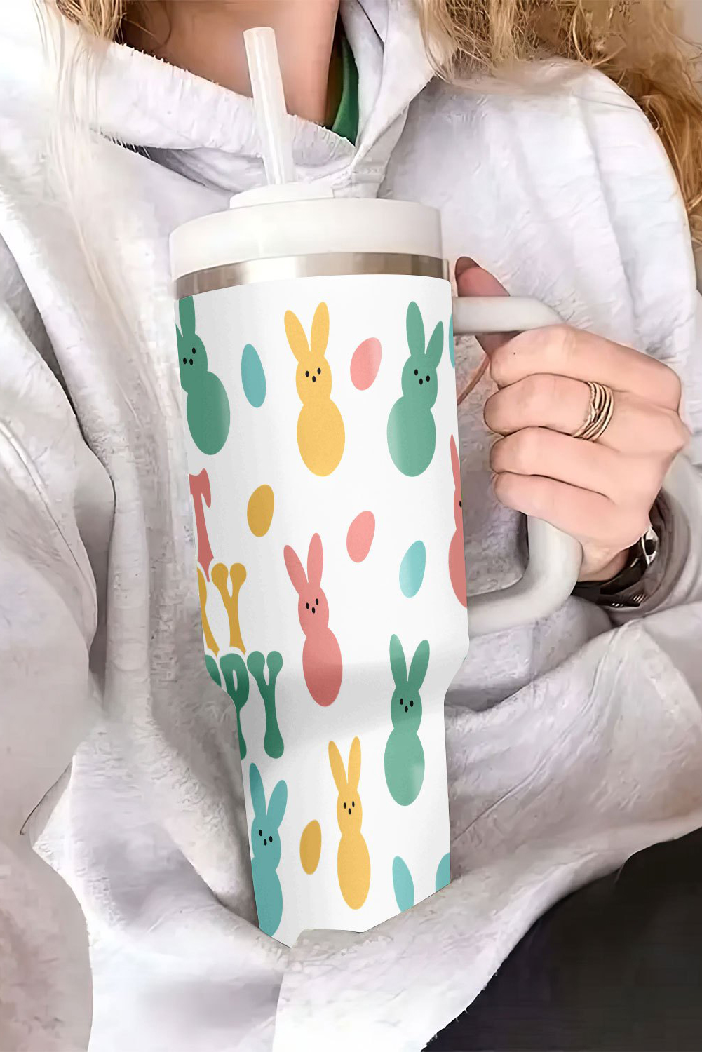 White DONT WORRY BE HOPPY Bunny Print Thermal Tumbler 40oz