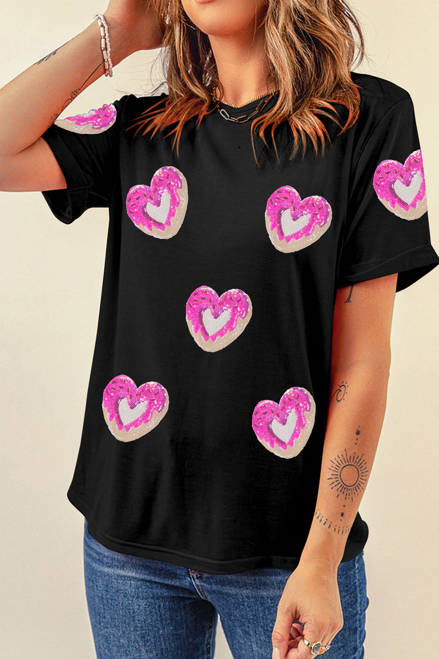 Black Sequin Donut Heart Valentines Graphic Tee