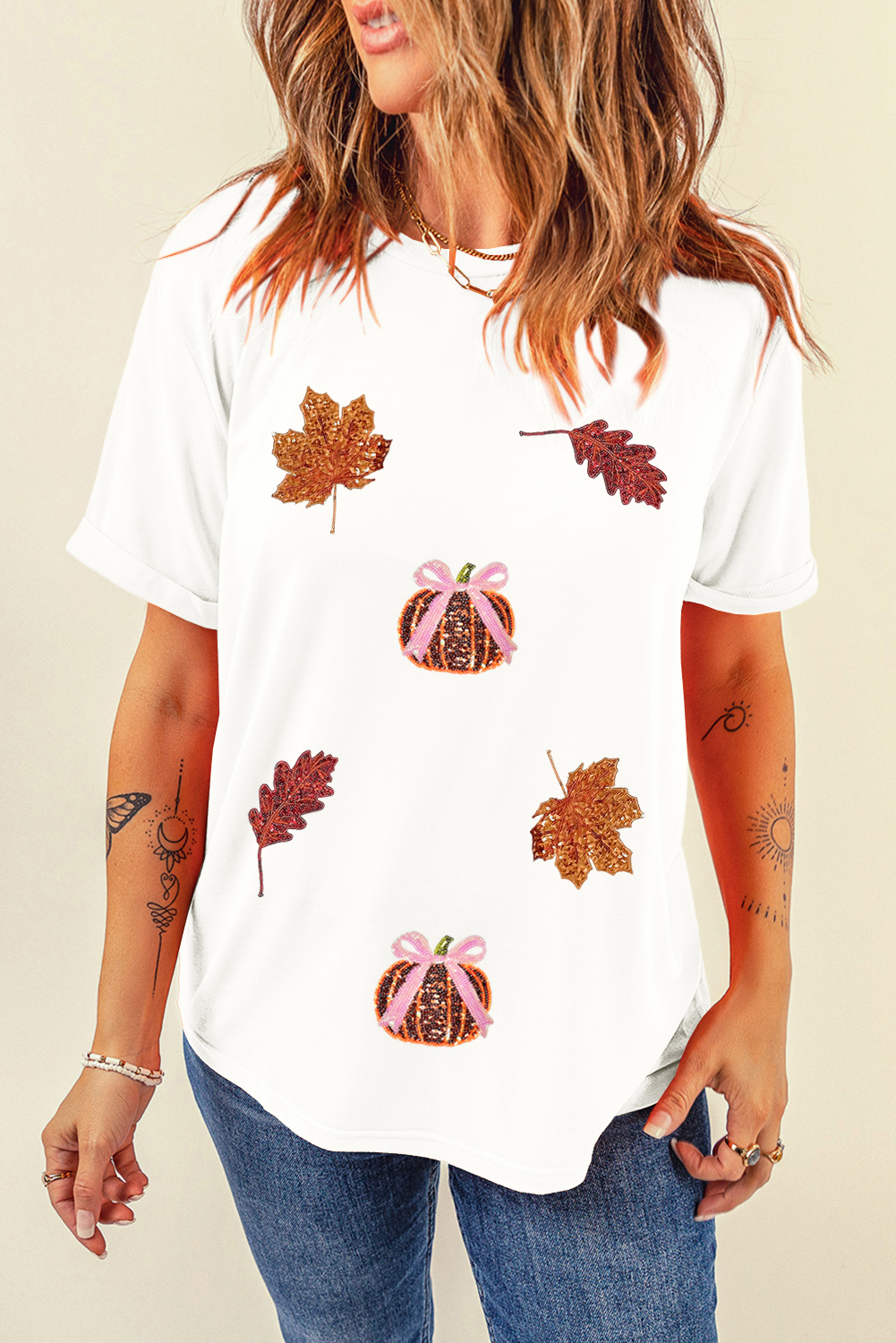 White Sequined Pumpkin Leaves Fall Vibe Graphic T Shirt