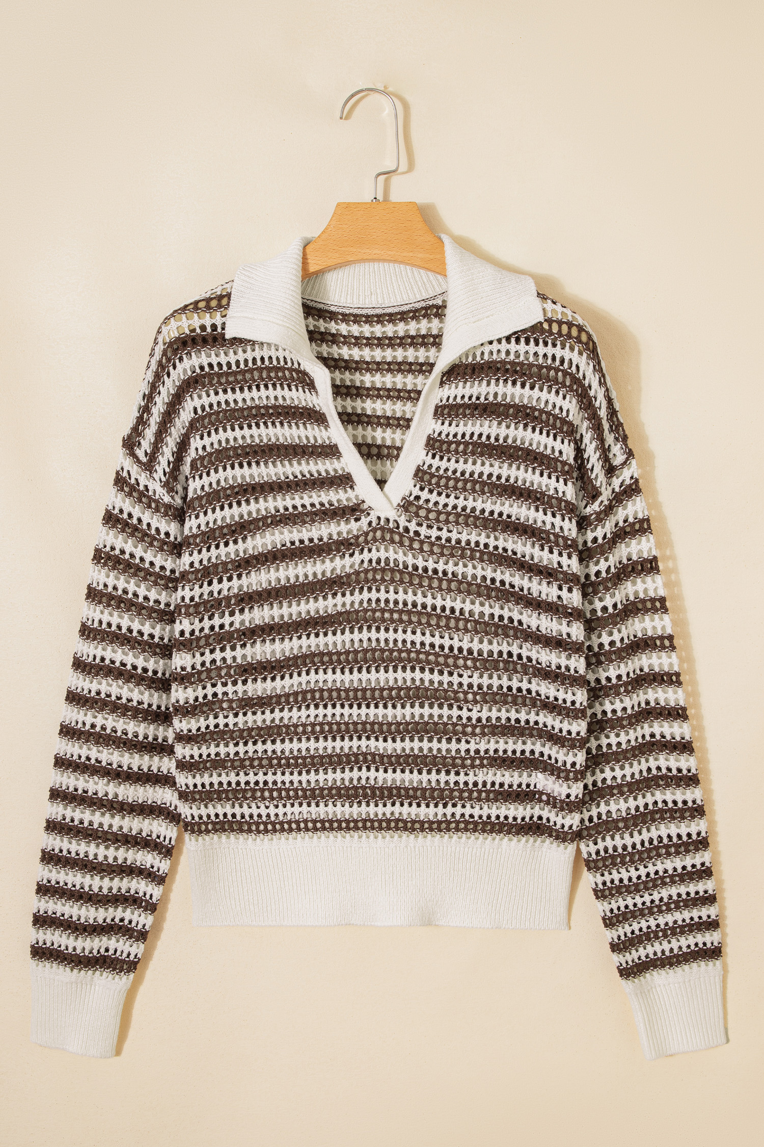 Brown Stripe Eyelet Hollow-out Contrast Collared Pullover Chic Sweater