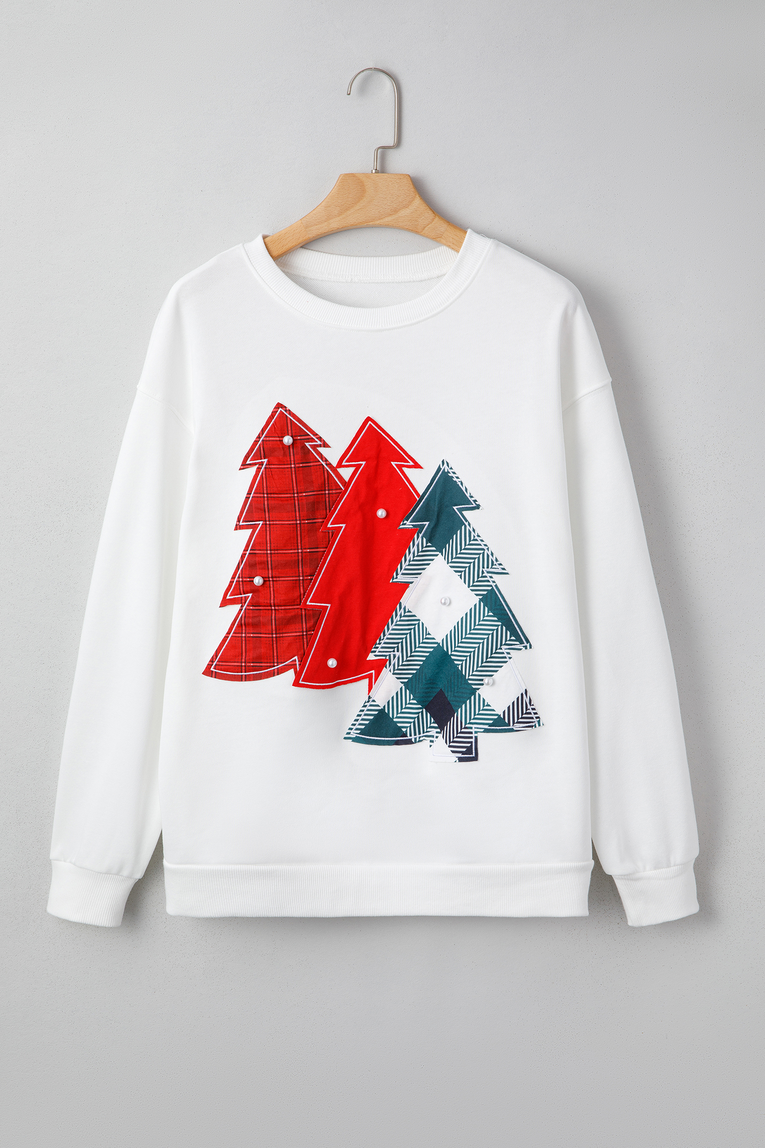 White Pearl Plaid Christmas Tree Patched Drop Shoulder Sweatshirt
