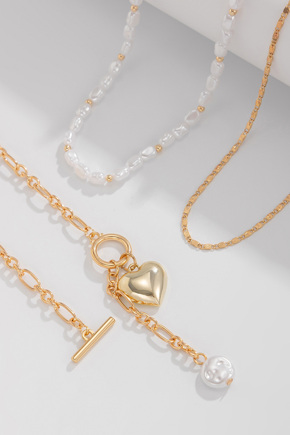 Gold Plated Heart Charm Pearl Chain Layered Necklace