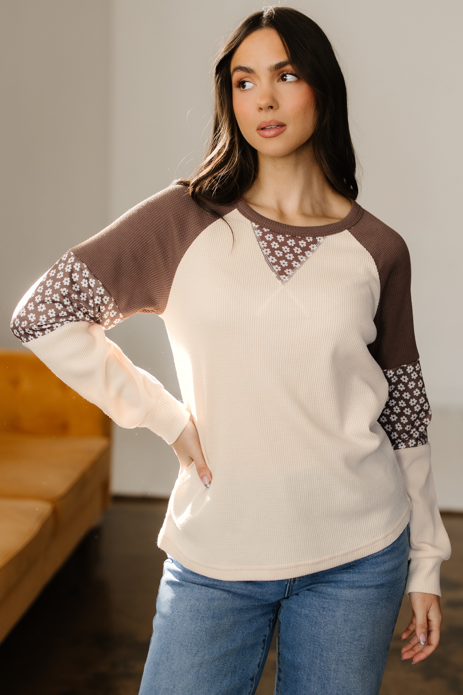 Brown Floral Print Patchwork Color Block Long Sleeve Top