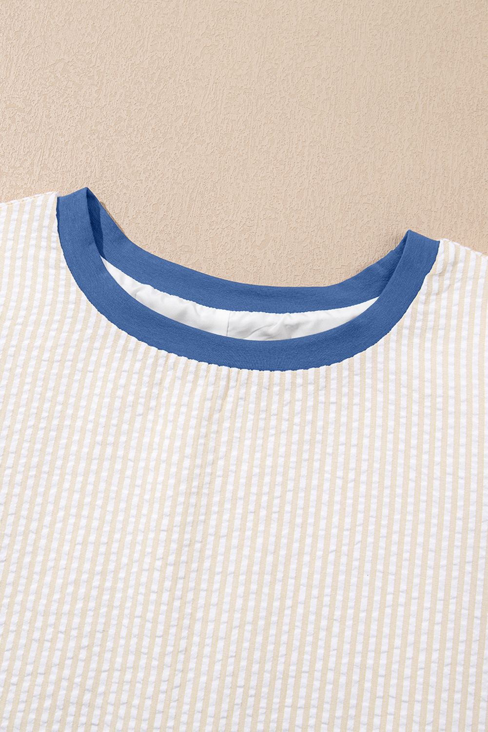 Beige Stripe Seersucker Contrast Round Neck Puff Sleeve T Shirt Dress