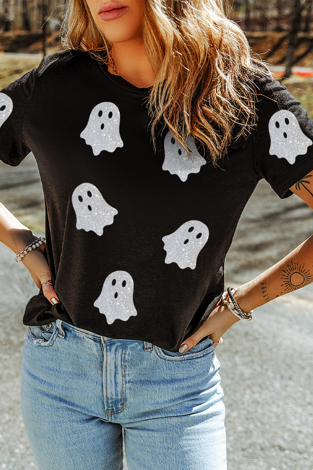 Wisteria Glitter Trim Chenille Ghost Patched Halloween Graphic Tee