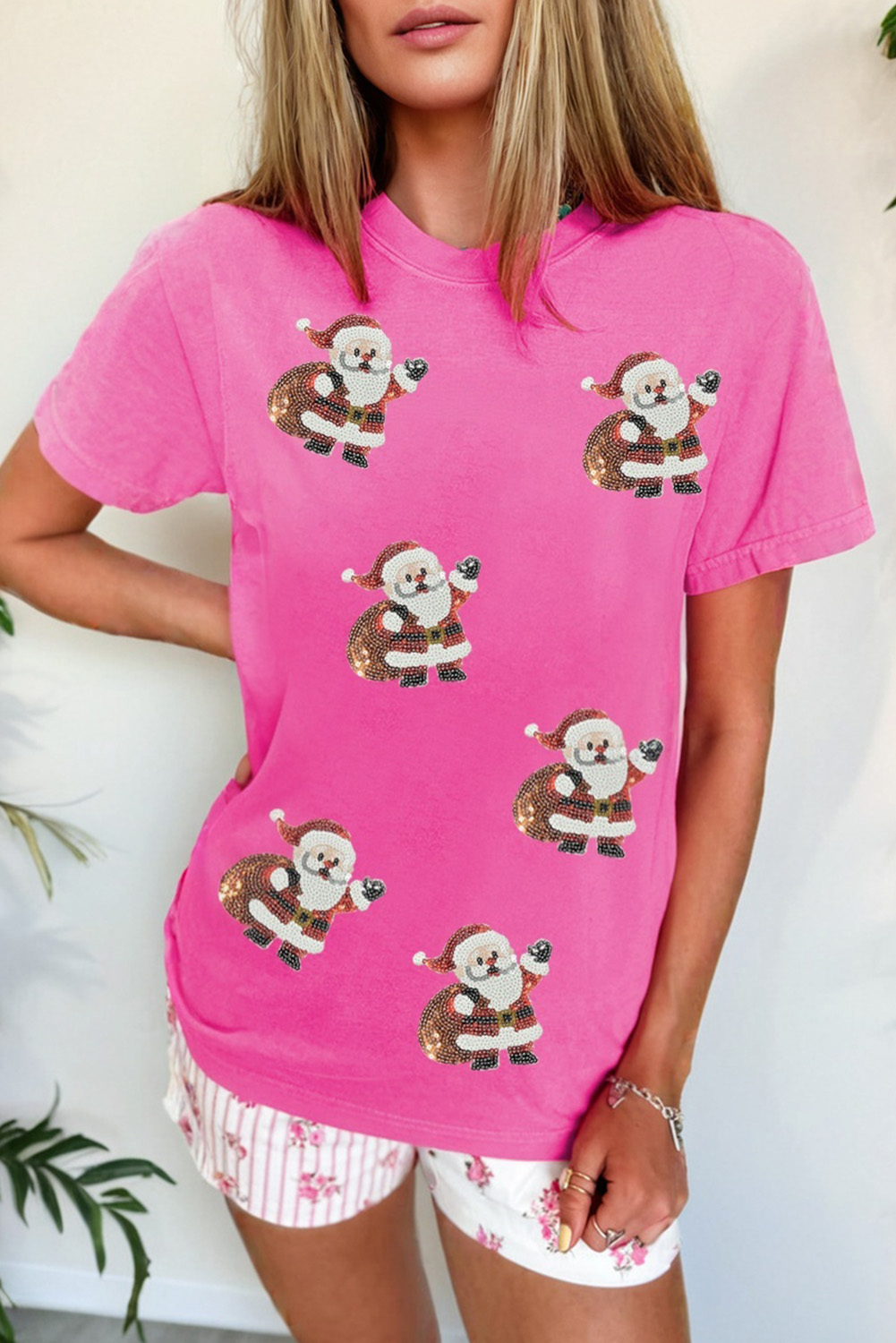 Sachet Pink Santa Claus Deliver Gifts Sequin Graphic Tee