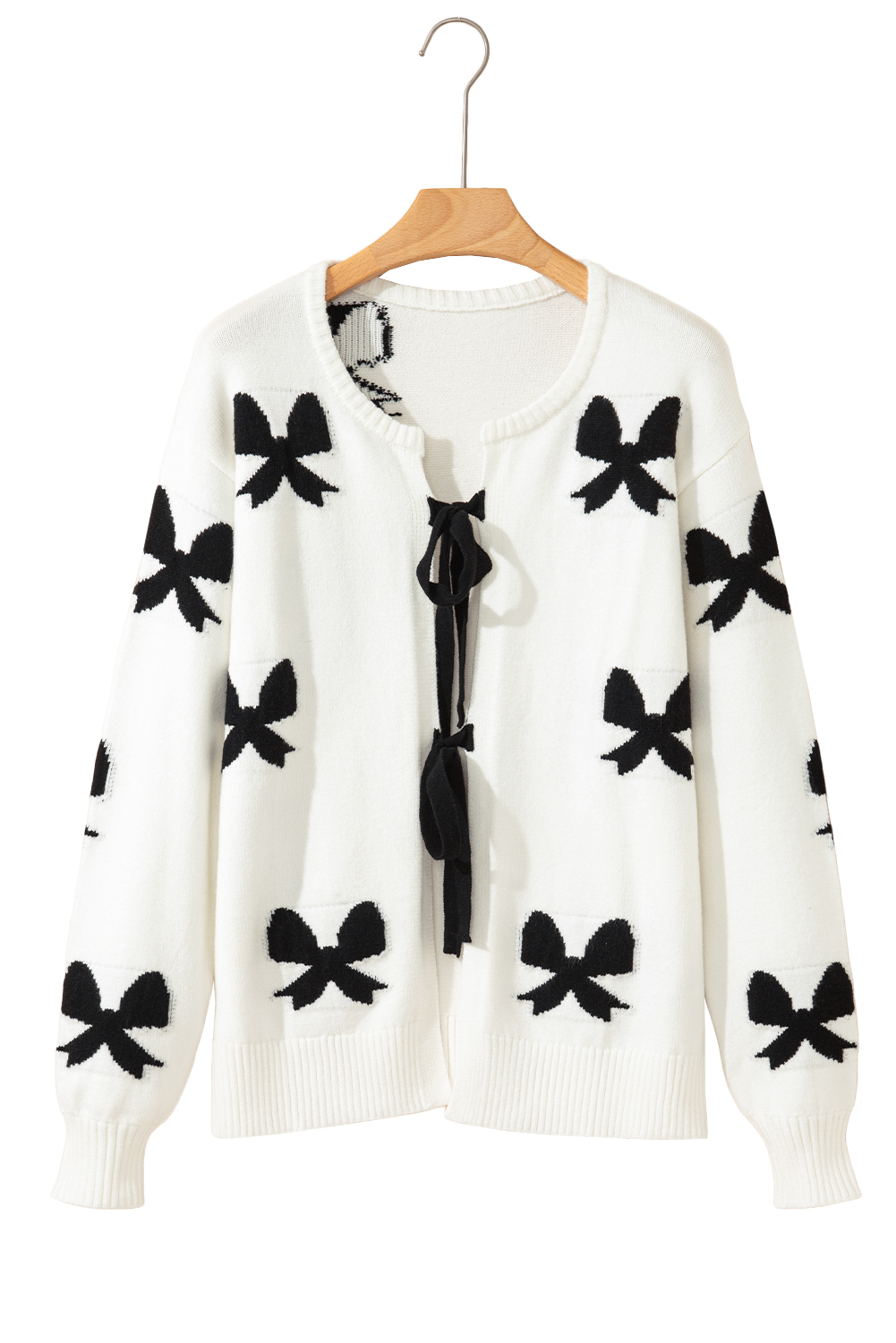 White Lace-up Bow Pattern Sweater Cardigan