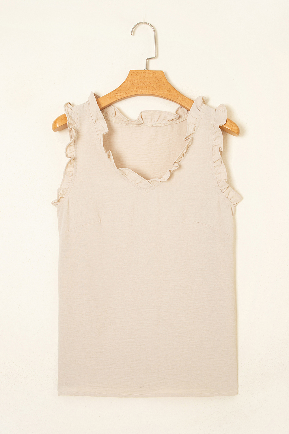 Parchment Textured Frilly Trim V Neck Sleeveless Top