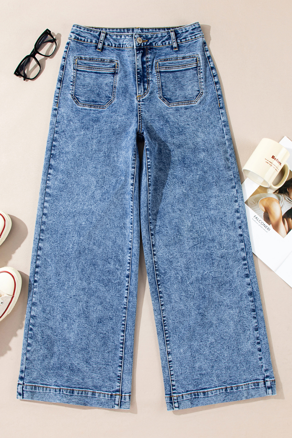 Light Blue Chic Patch Pocket Straight Leg Loose Jeans