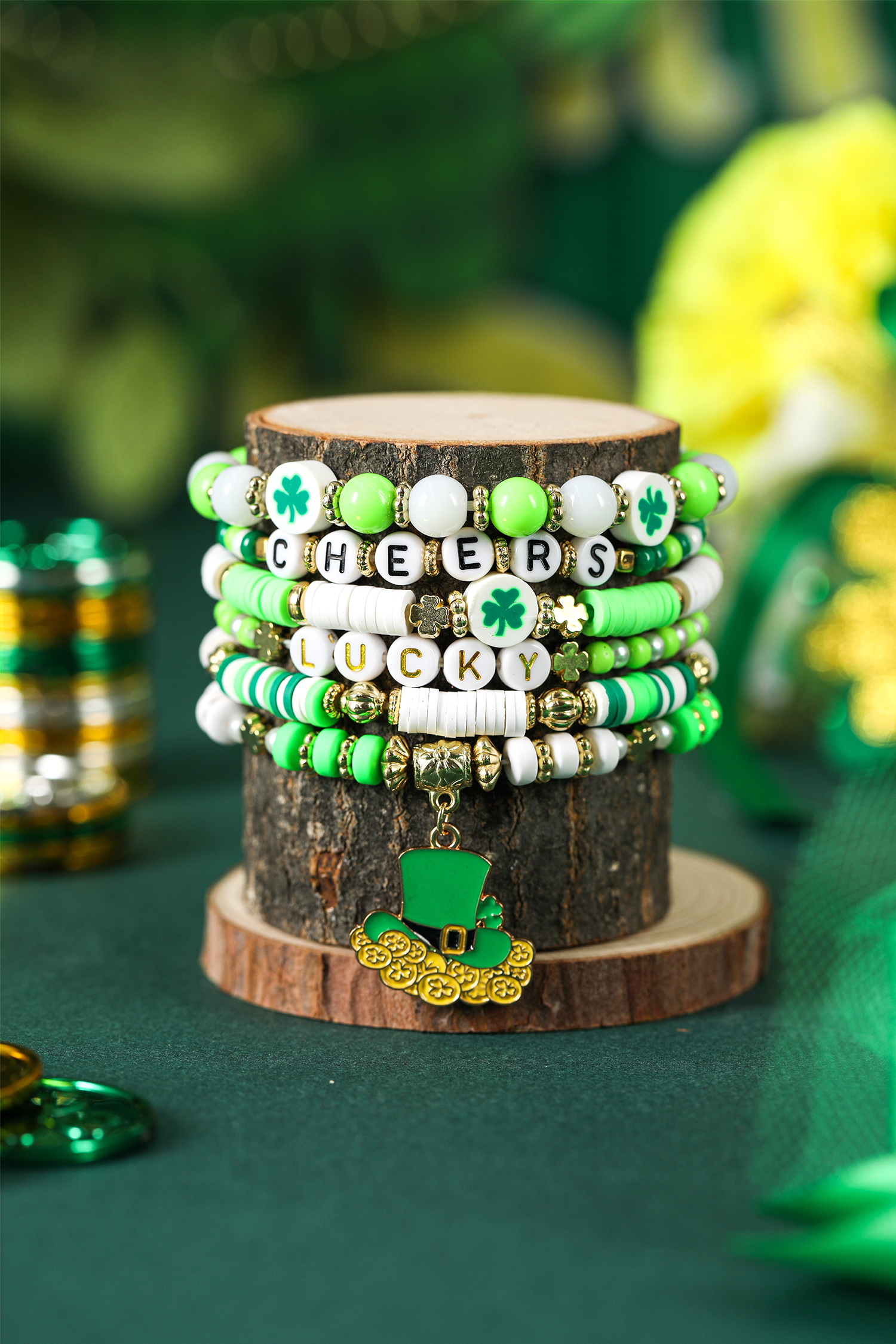 Green LUCKY CHEERS St Patricks Day Multilayered 6pcs Bracelet Set