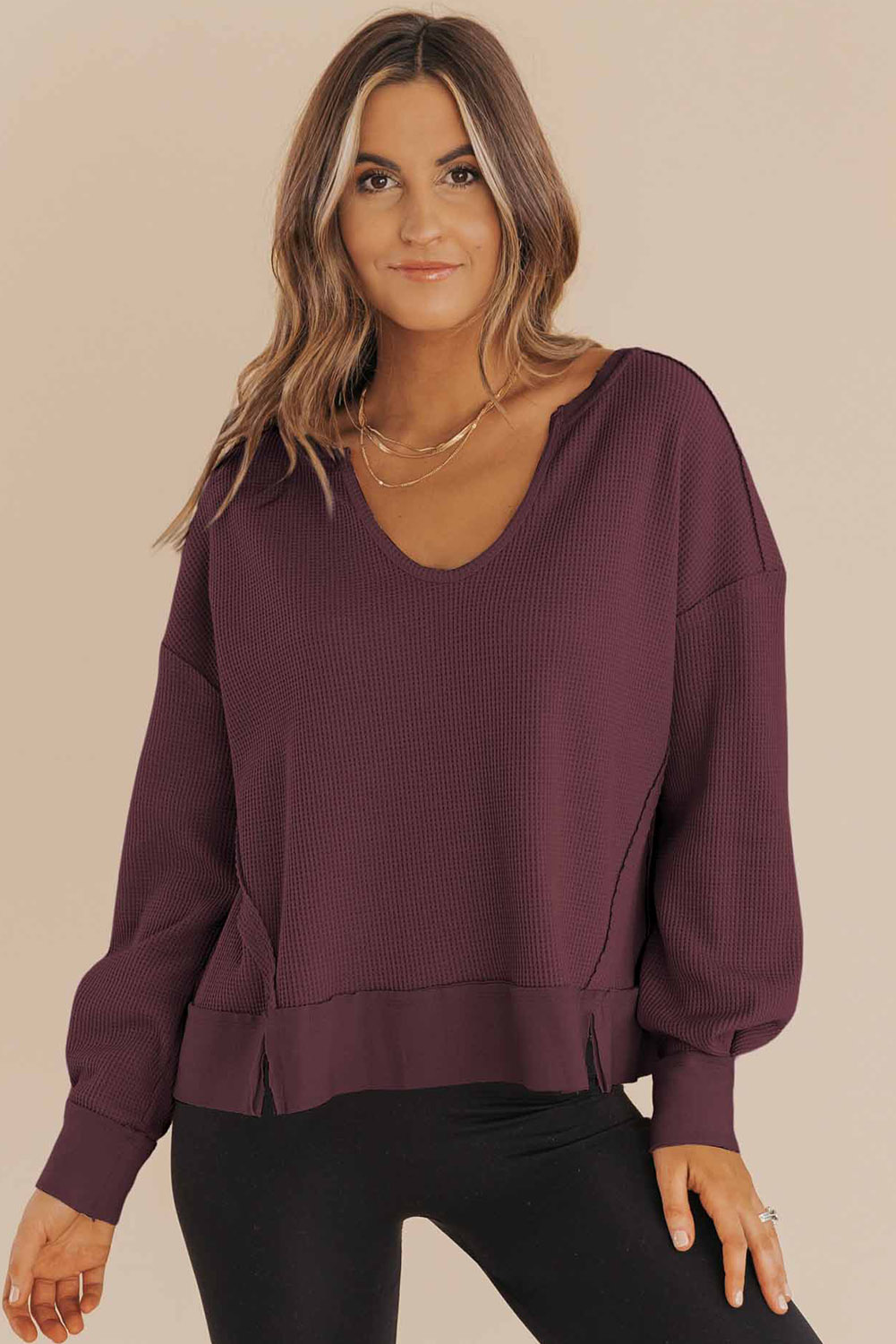 Dark Brown Waffle Knit Notched V Neck Drop Shoulder Solid Sweatshirt