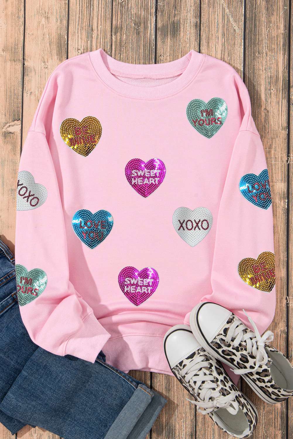 Pink Sequin Valentines Lettering Heart Patched Crewneck T Shirt